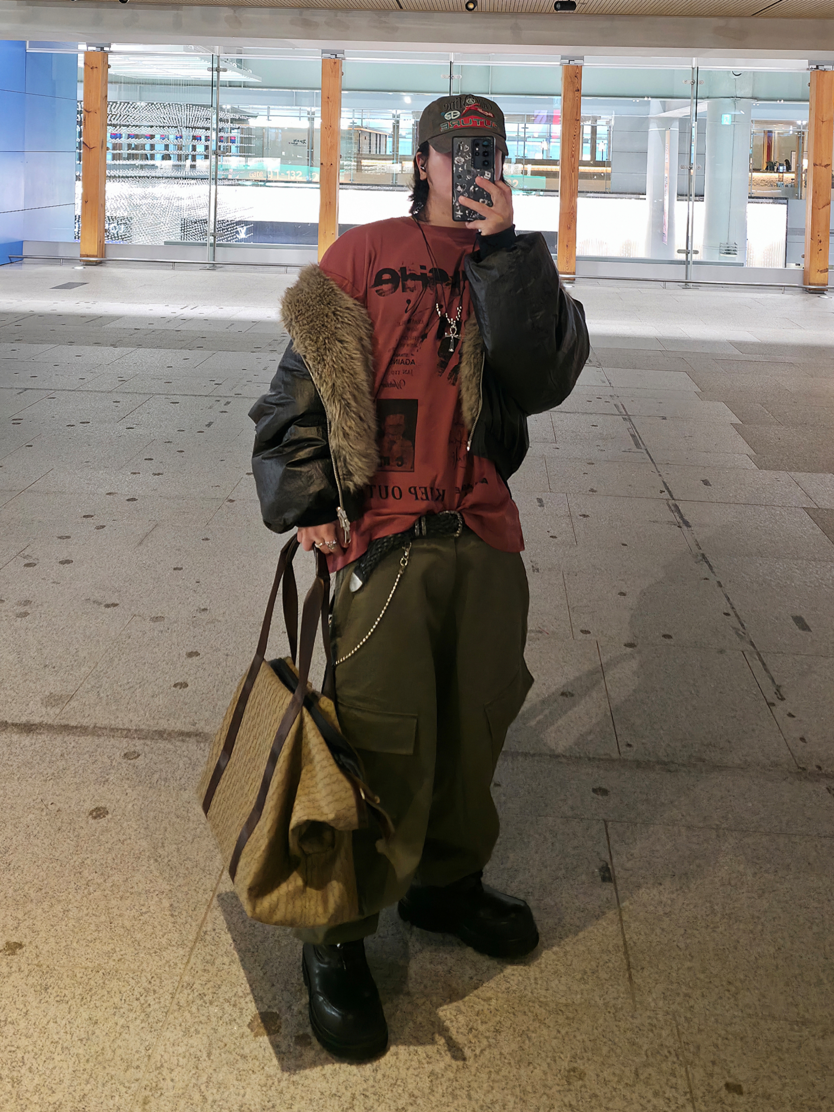 Undermycar Mu.109 Anti Fxxking Logo Play Semi-Wide Cargo Pants Khaki, Farfromwhat Far Weaving Belt Black 착용 스타일 - 6