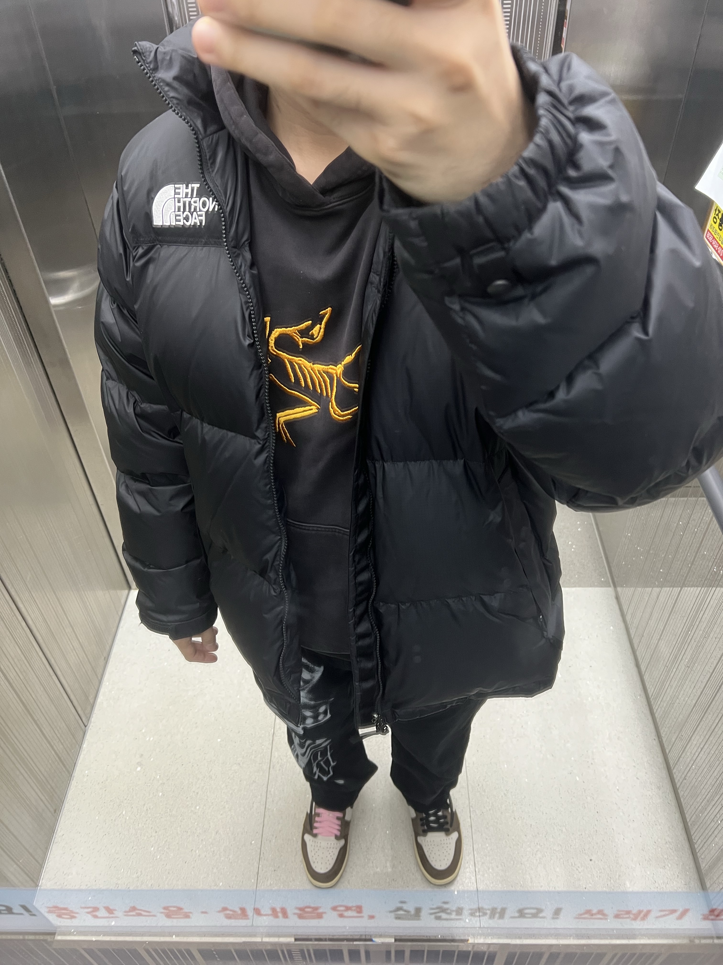 Supreme x The North Face Nuptse Jacket Black - 24FW, Palace x Arc'teryx Hood Black - 20FW 착용 스타일