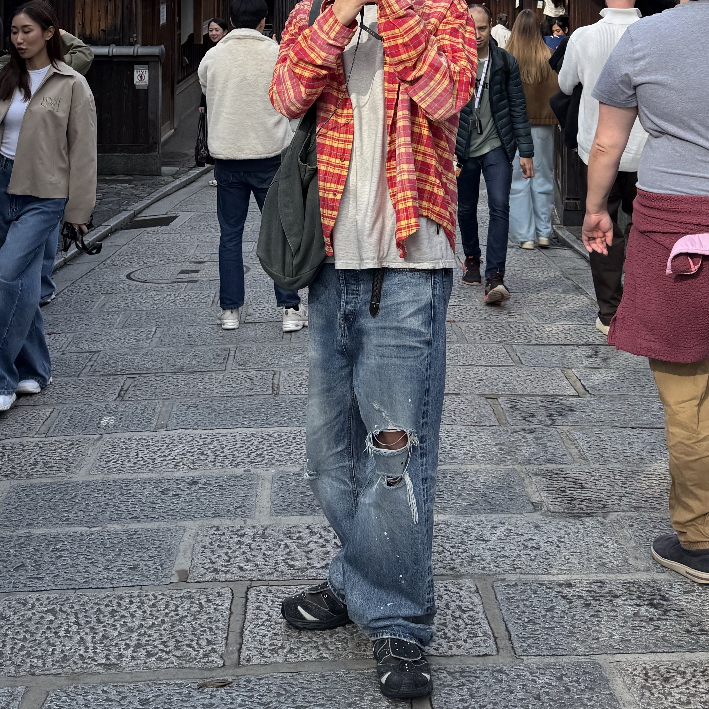 farfromwhat far vtg washed jean_blue, Farfromwhat Far Washed Flannel Shirts Red 착용 스타일 - 3