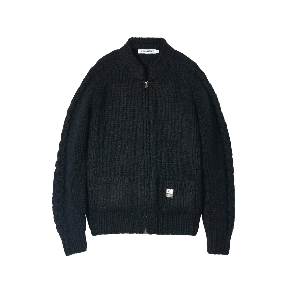 선데이세레머니 울 핸드 니트 집업 - 블랙(Sunday Ceremony Wool Hand Knit Zip-Up - Black)