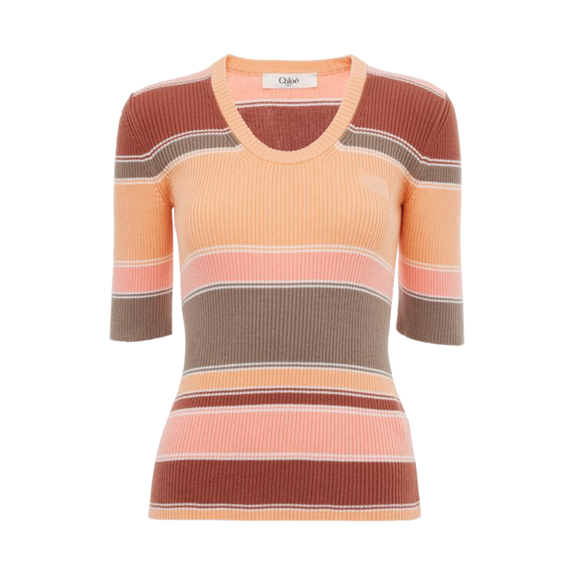 (W) 끌로에 코튼 니트 엘보 슬리브 피티드 로고 탑 멀티컬러 오렌지((W) Chloe Cotton Knit Elbow Sleeves Fitted Logo Top Multicolor Orange)