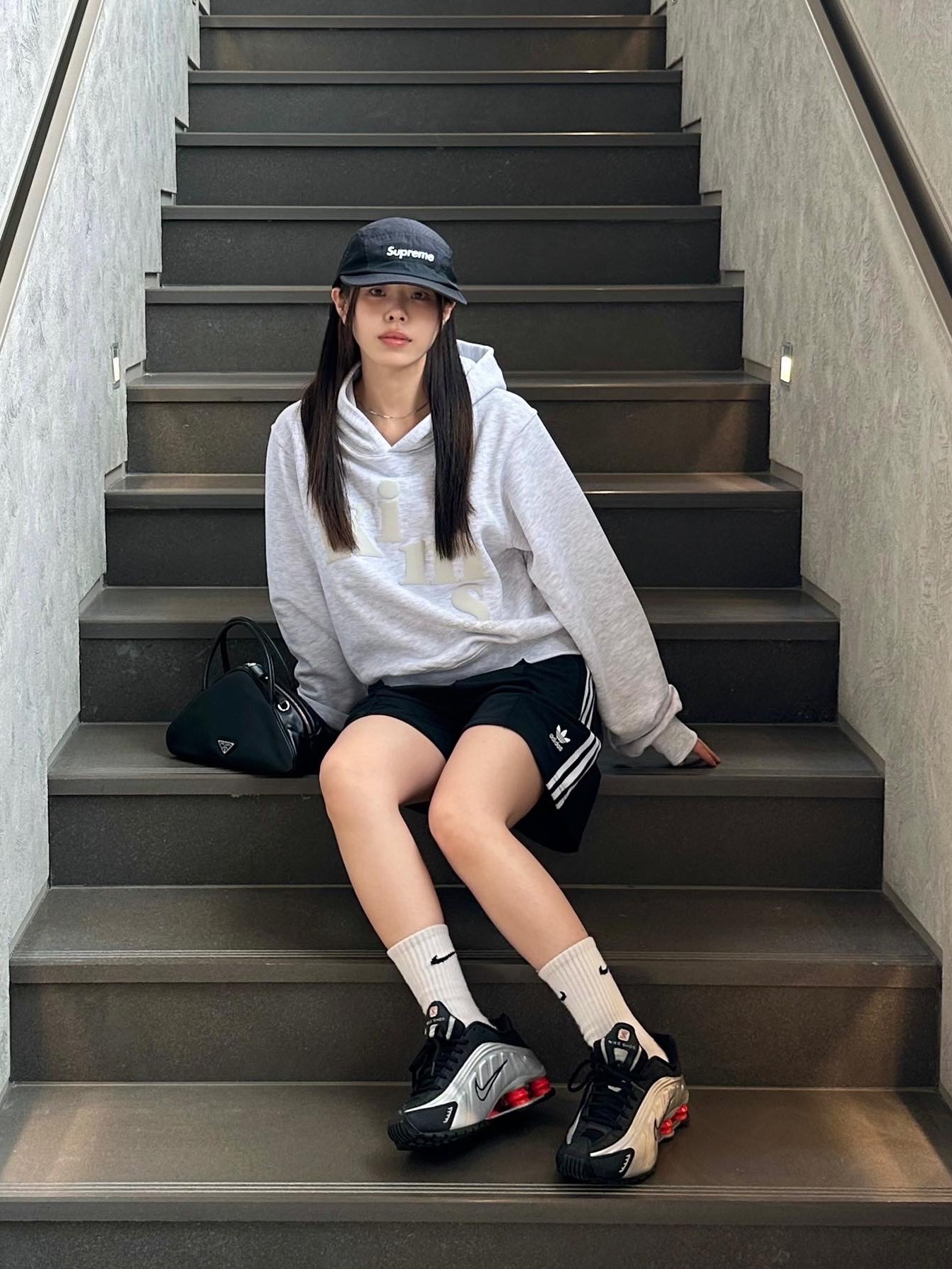 Supreme Washed Chino Twill Camp Cap Black, (W) Adidas Firebird Shorts Black - KR Sizing 착용 스타일 - 3