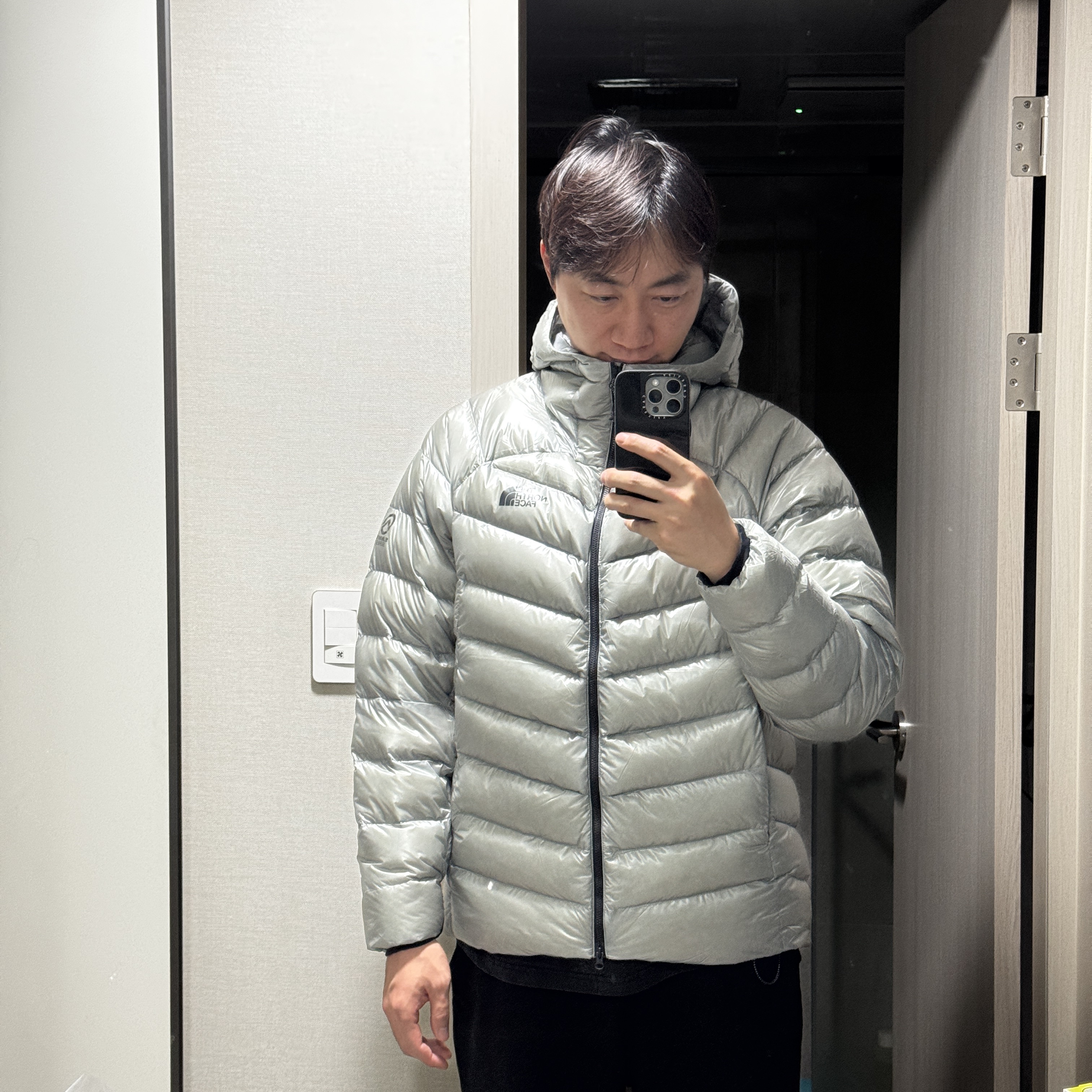 The North Face Summit Mattehorn RDS Down Jacket Light Gray 착용 스타일