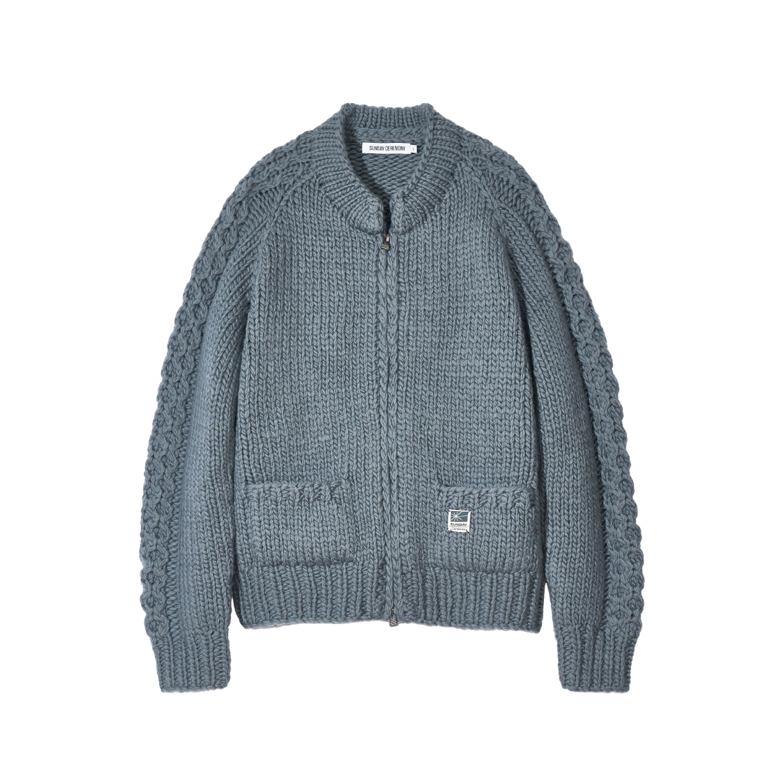 선데이세레머니 울 핸드 니트 집업 - 블루 그레이(Sunday Ceremony Wool Hand Knit Zip-Up - Blue Grey)