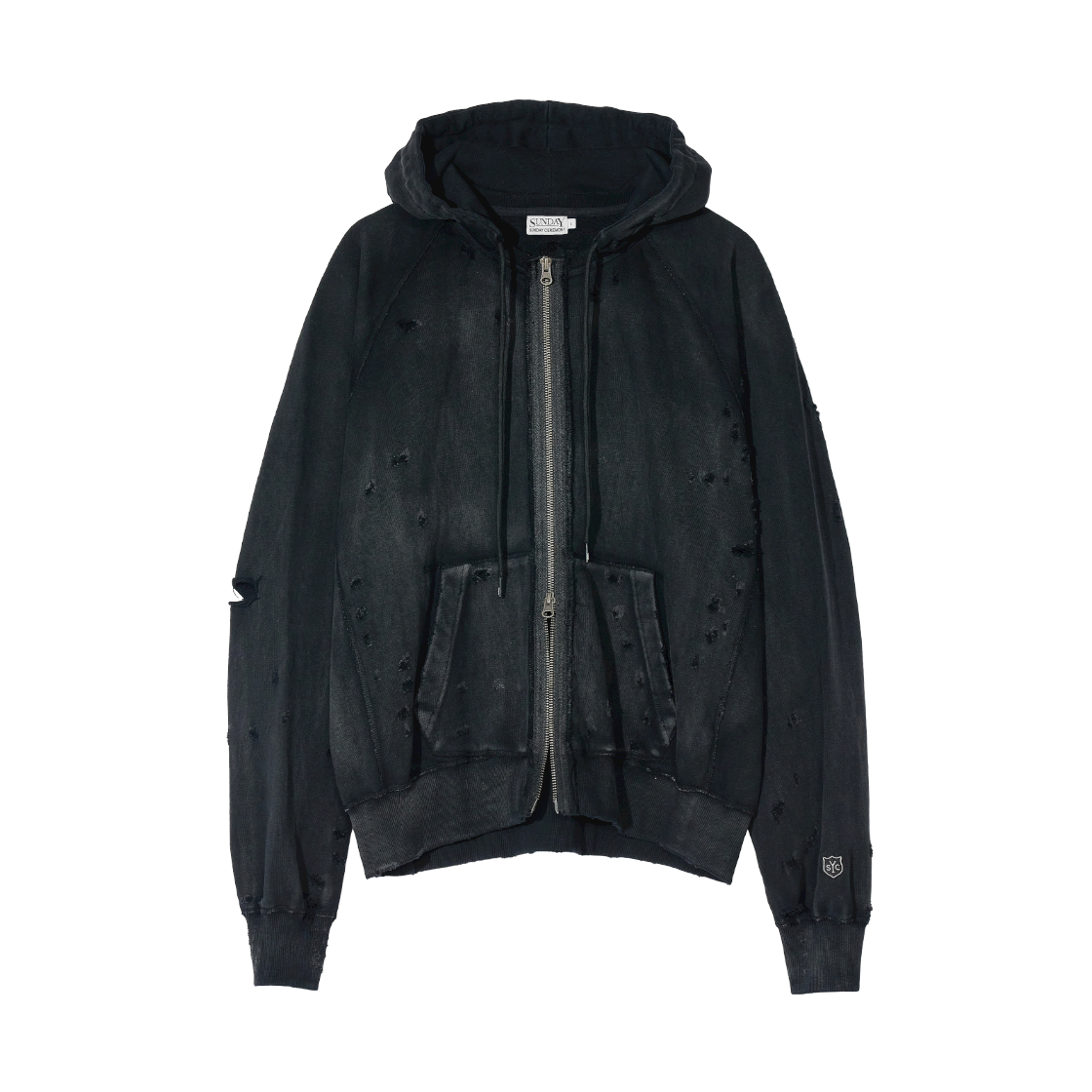 선데이세레머니 디스트레스 후드 집업 - 블랙(Sunday Ceremony Distressed Washed Hoodie Zip-Up - Black)