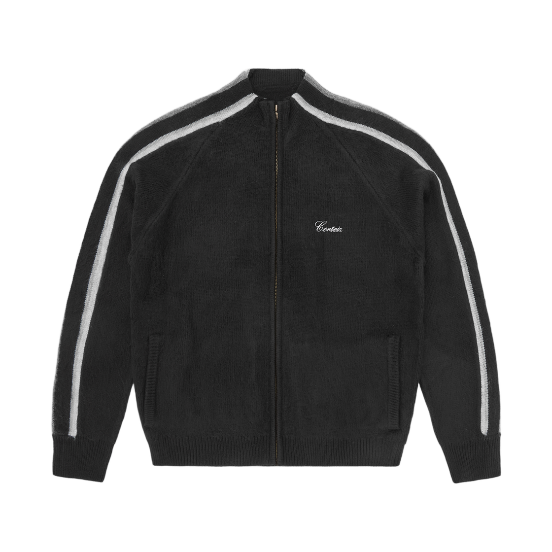 코르테이즈 멀티 스트라이프 니트 집 업 블랙(Corteiz Multi Stripe Knit Zip Up Black)
