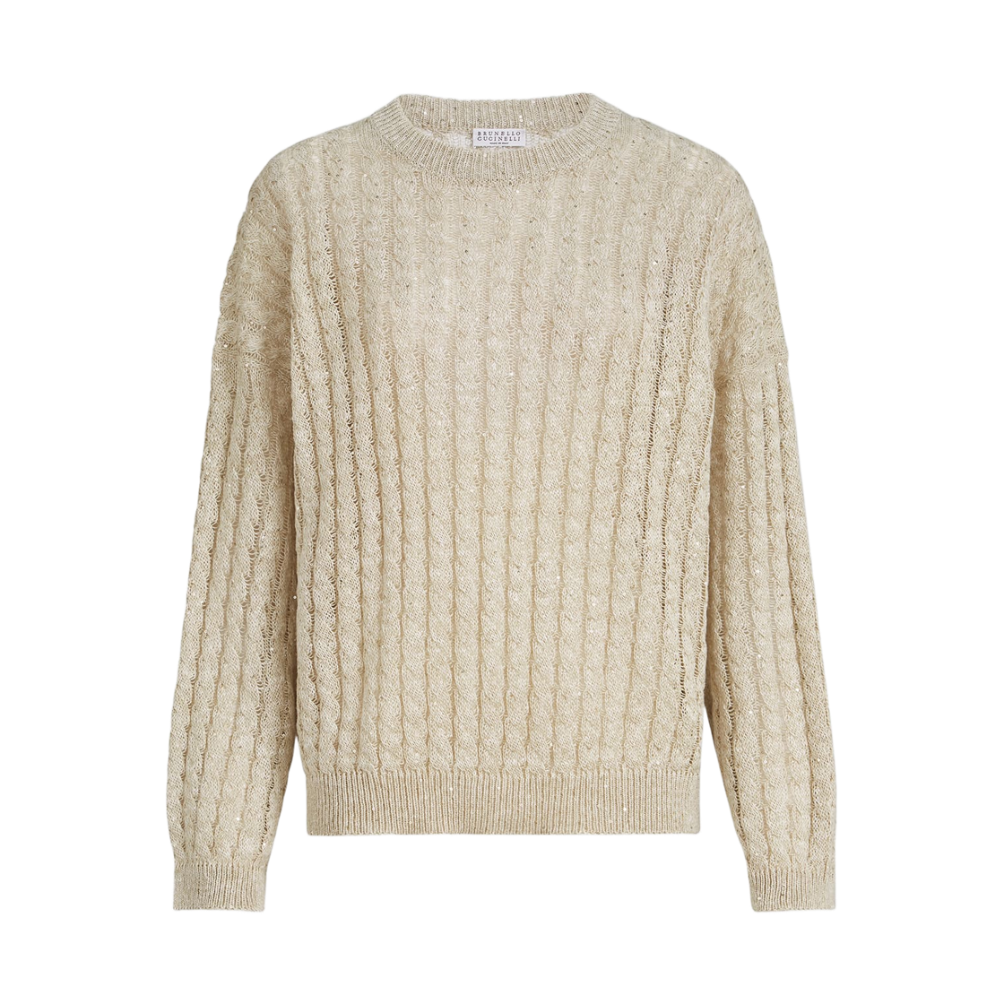 MCO559710-C8925 (W) Brunello Cucinelli Linen Dazzling Cable Openwork Sweater Beige