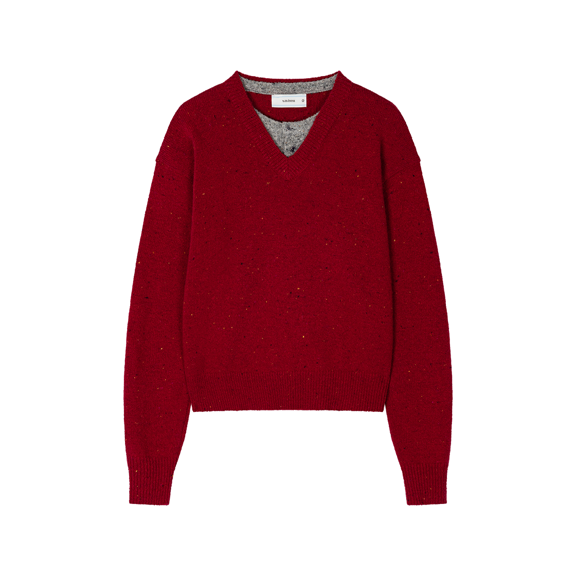 웨이비니스 헨리 오버 브이넥 니트 레드 그레이(Waviness Henley Over V-neck Knit Red Grey)