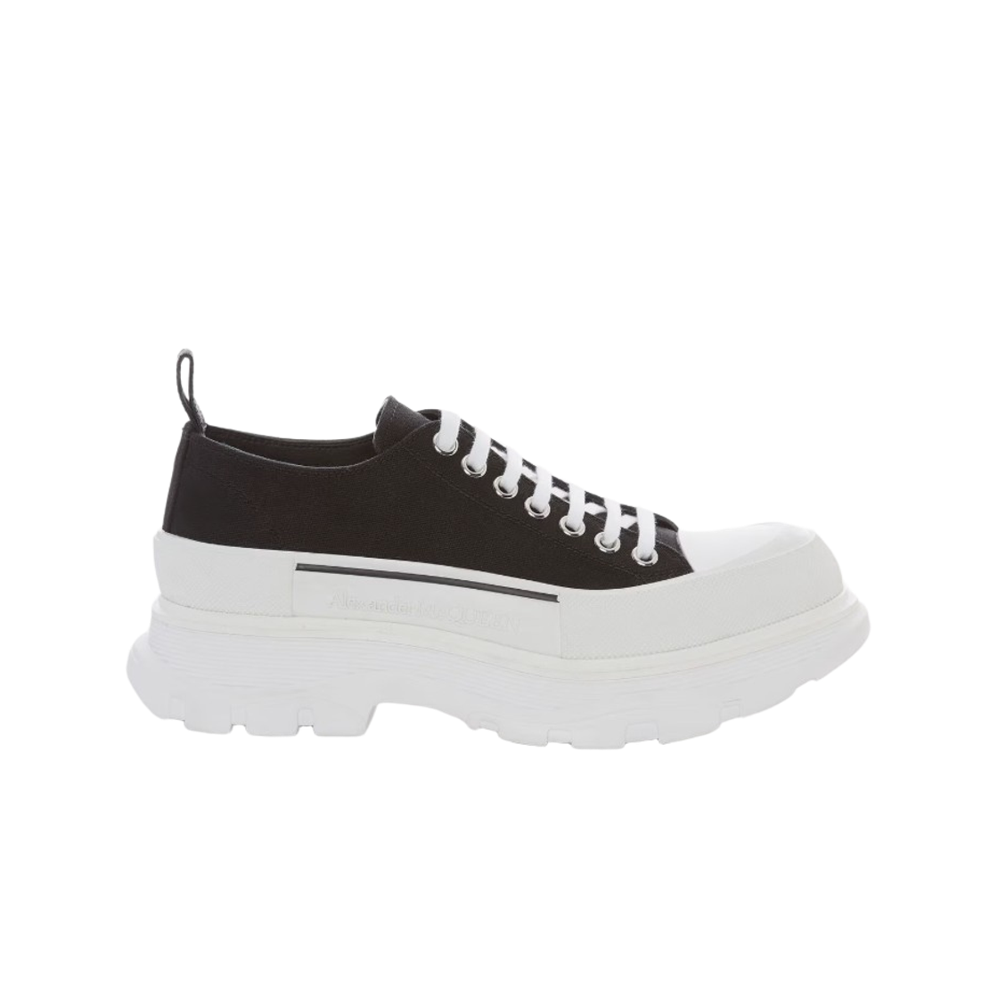 (W) 알렉산더 맥퀸 트레드 슬릭 레이스업 블랙 화이트((W) Alexander McQueen Tread Slick Lace Up in Black White)