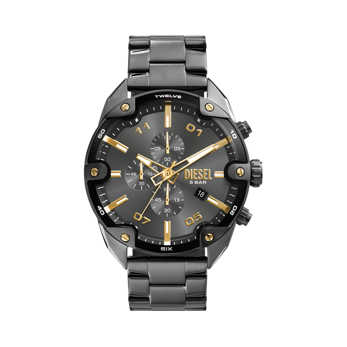디젤 Dz4669 스파이크 투톤 49mm 스테인리스 스틸 다크 그레이(Diesel Dz4669 Spiked Two-Tone 49mm Stainless Steel Dark Grey)