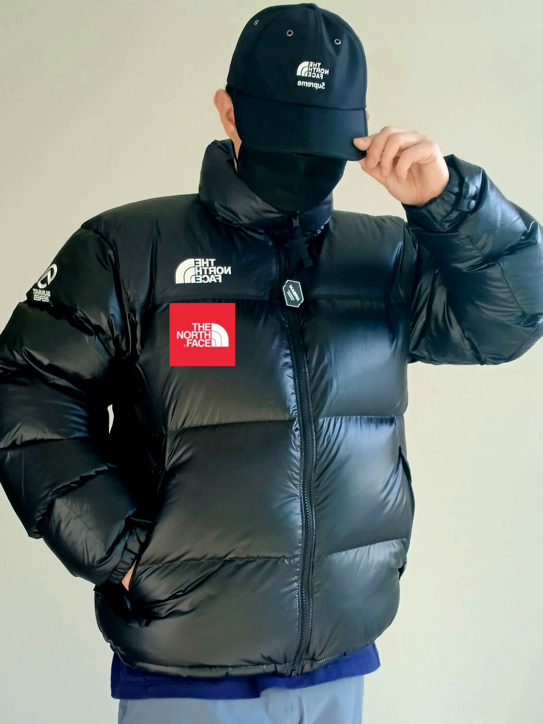 Supreme x The North Face Split 6-Panel Black - 24SS, The North Face Quantum Nuptse RDS Jacket Black 착용 스타일 - 3