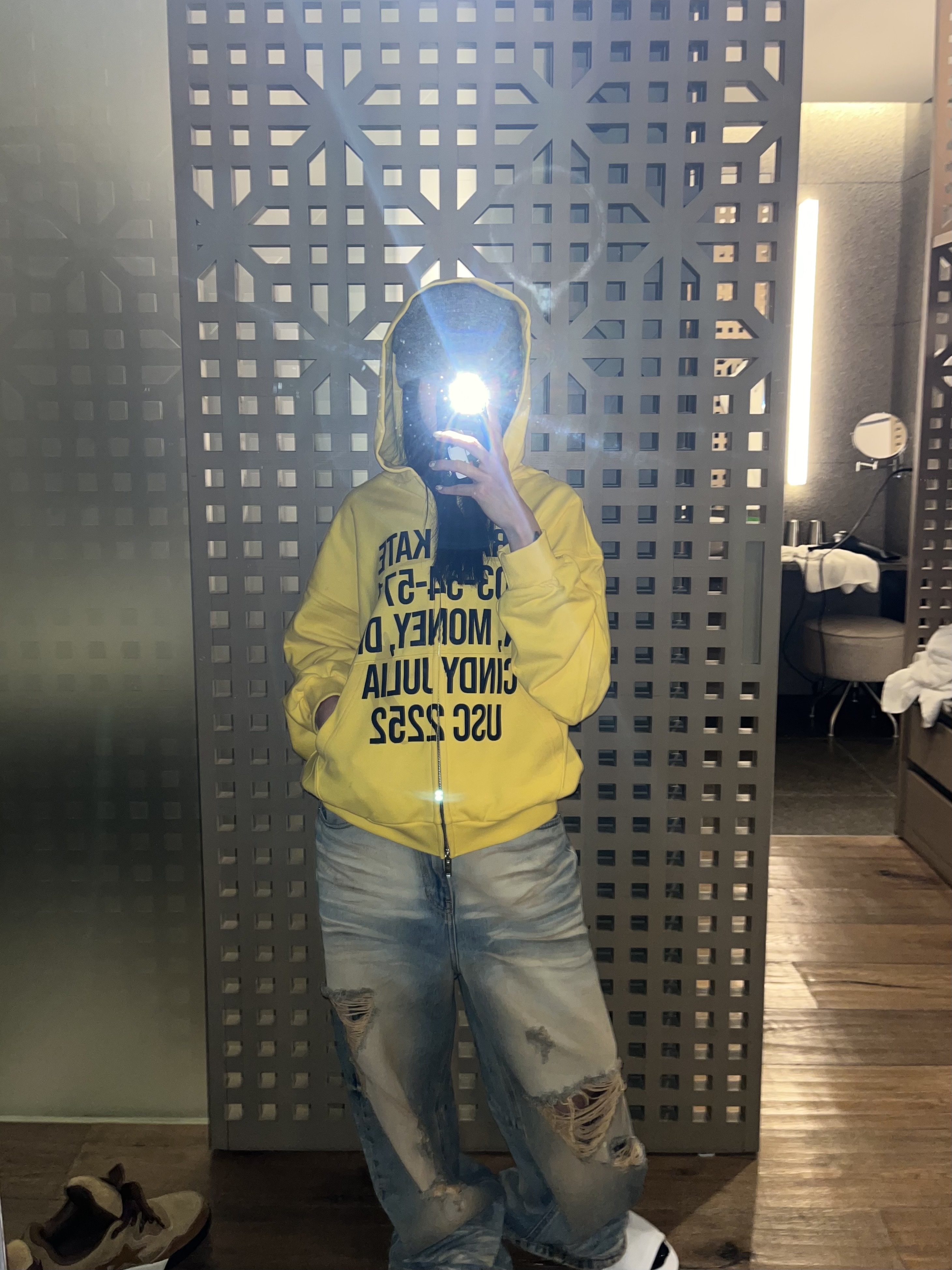 [트리플적립] PACOSPLY Tracy Zip Up Hoodie Yellow, [트리플적립] PACOSPLY Garage Baggy Demin Pants Dust Blue 착용 스타일 - 1