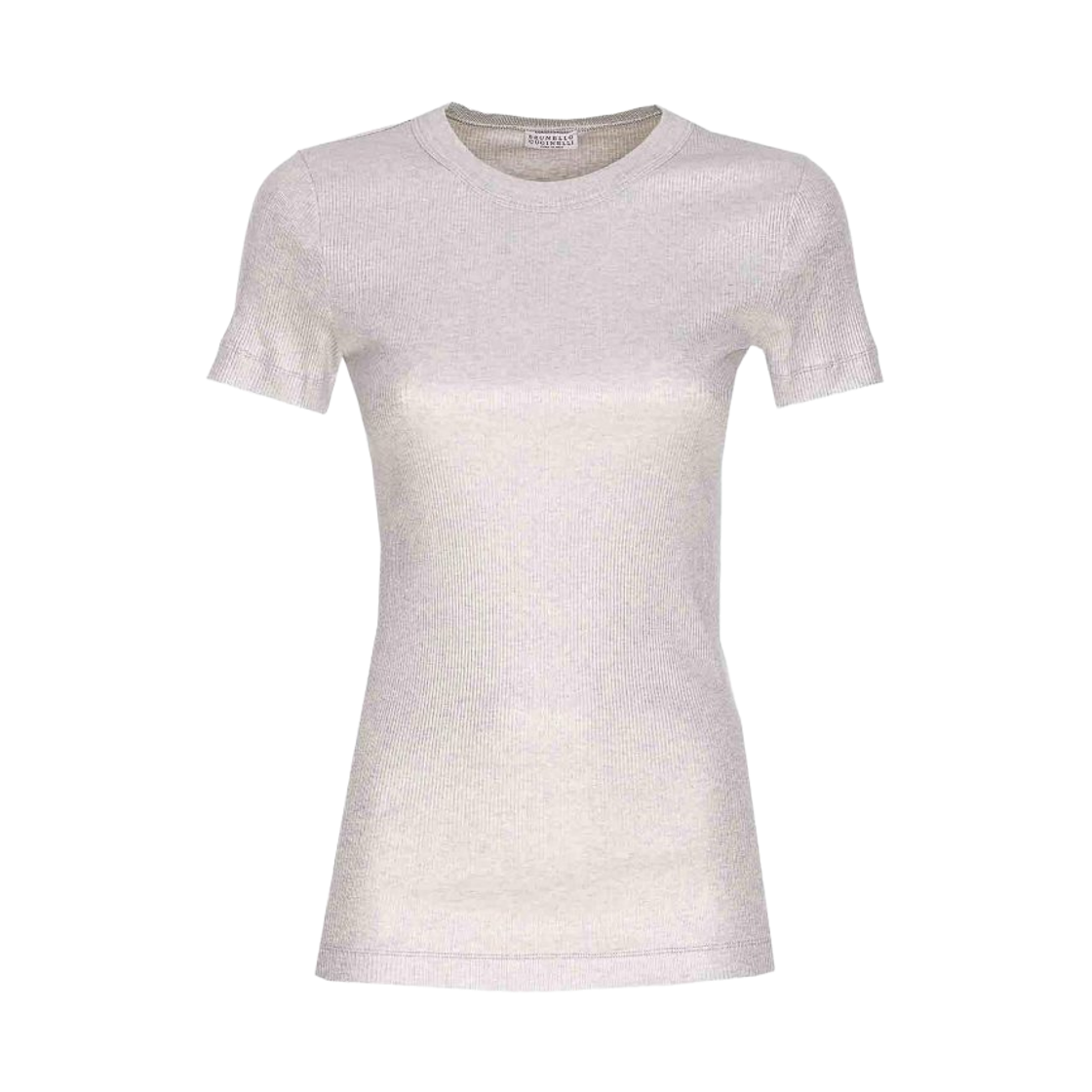 MP934EF800-C001 (W) Brunello Cucinelli Sparkling Stretch Cotton Ribbed Jersey T-Shirt with Shiny Tab Silver