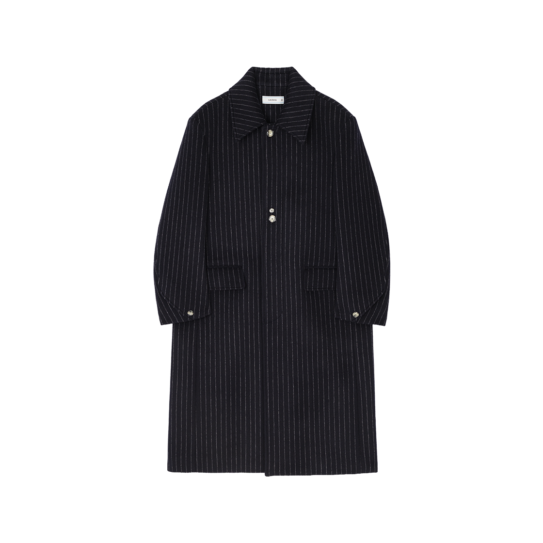 웨이비니스 버튼 포인트 스트라이프 맥 롱 코트 다크 네이비(Waviness Button Point Stripe Mac Long Coat Dark Navy)