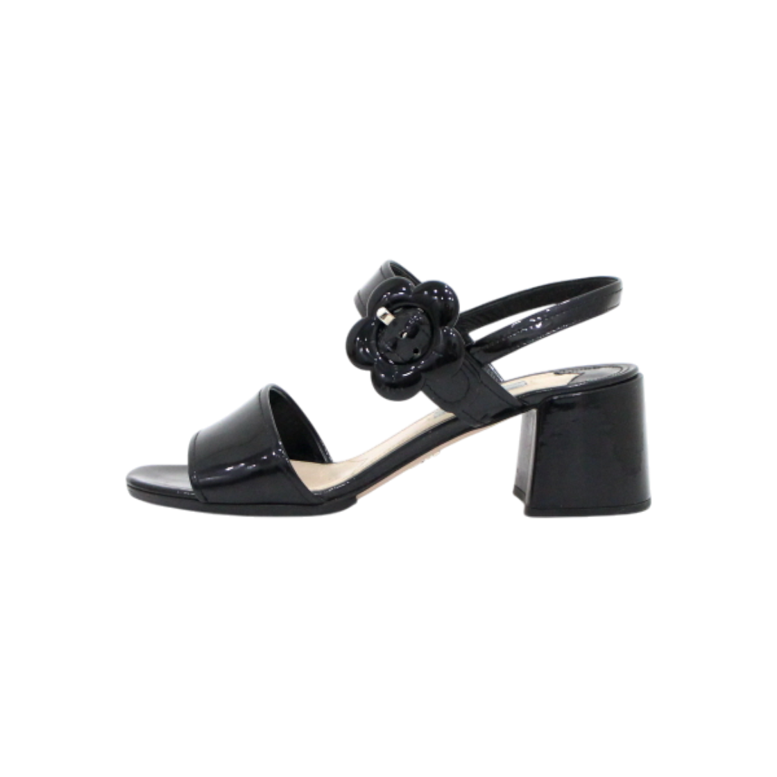프라다 블랙 페이던트 플라워 장식 여성 미들힐 샌들 구두aa58627(Prada Black Patent Flower Detail Mid-Heel Sandals)