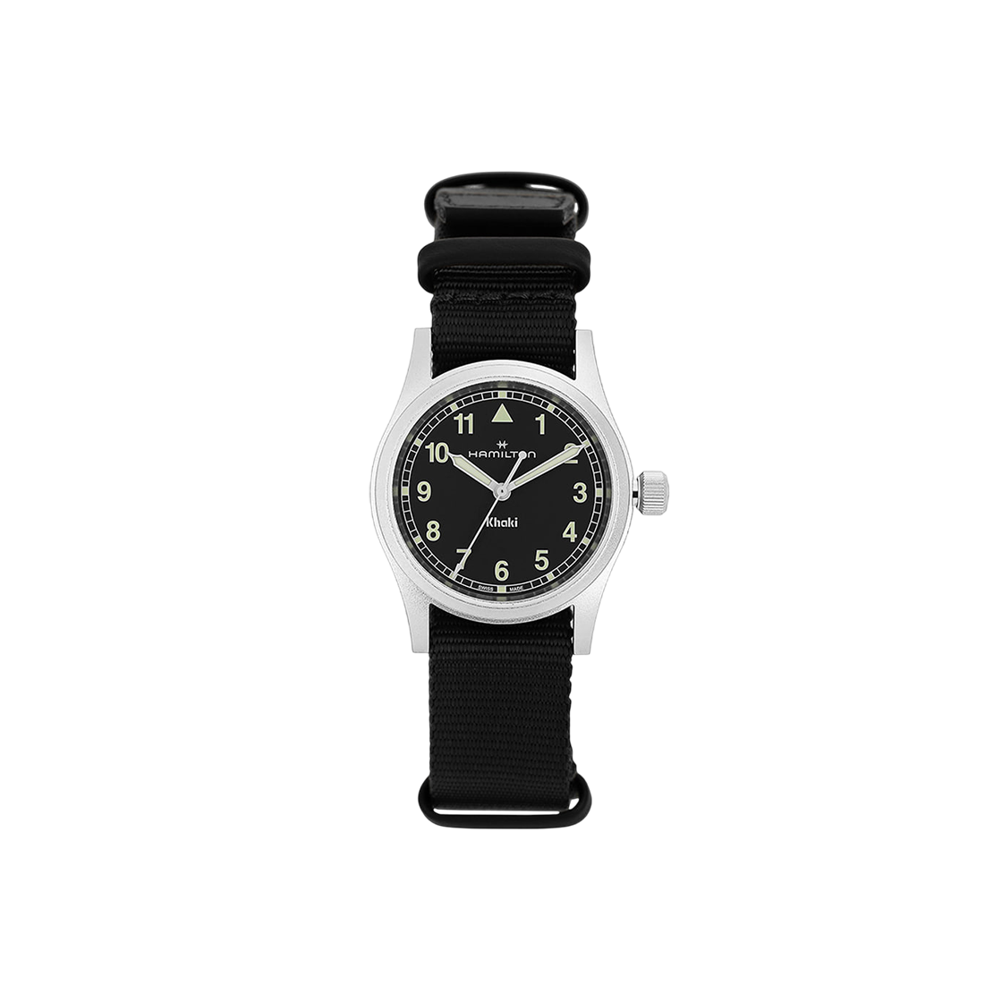 H69301430 [13% 쿠폰] Hamilton Khaki Field Quartz 33mm Nato Strap Black Light Green