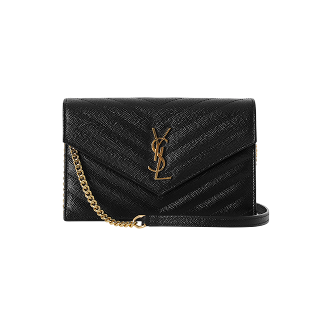 742920 BOW01 1000 [13% 쿠폰] Saint Laurent Cassandre Matelasse Envelope Chain Wallet in Grain De Poudre Embossed Leather Black