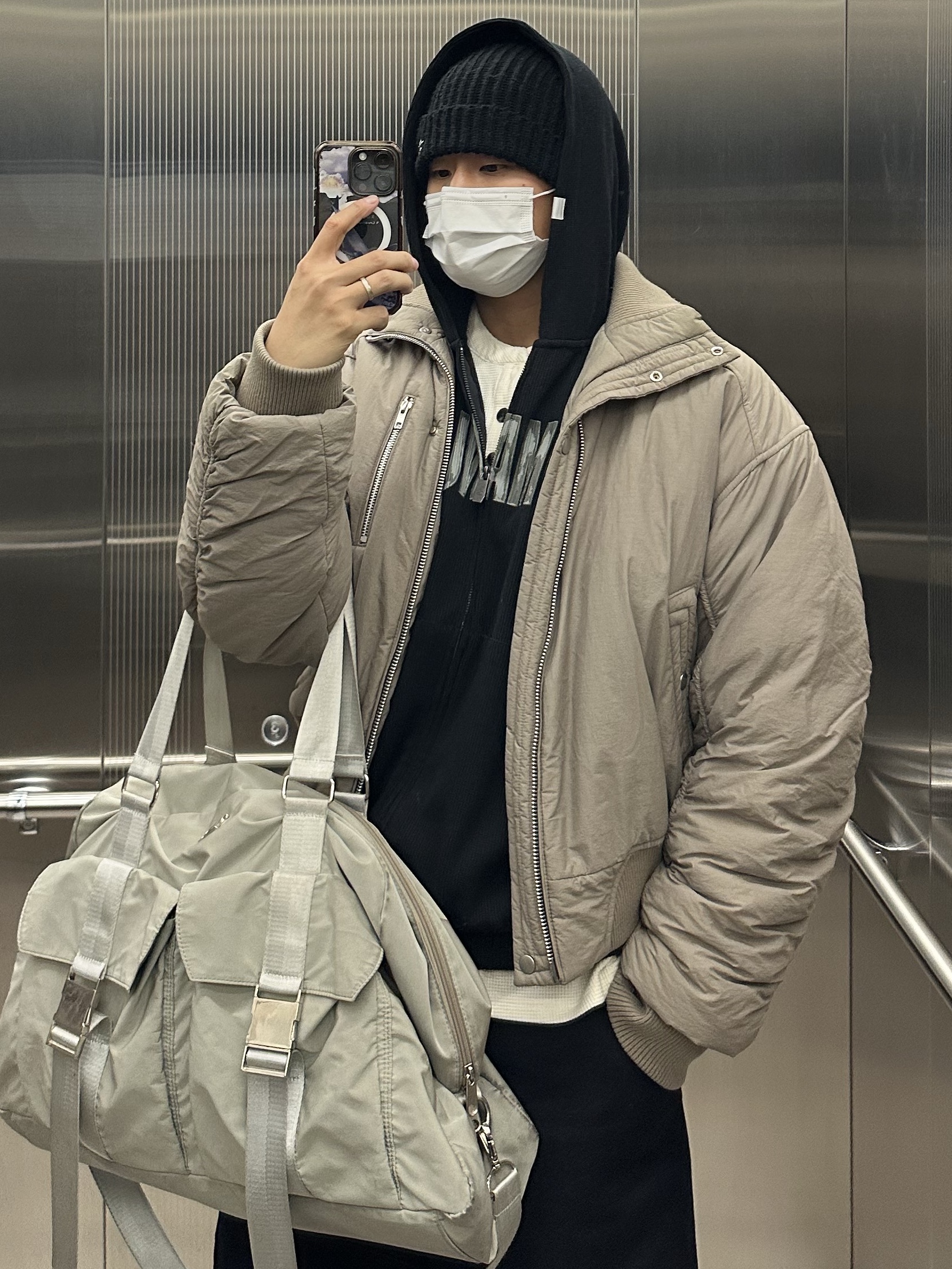 NOMANUAL NM Waffle Hooded Zip-up Black, Haleine Highneck Bomber Padding Khaki Beige 착용 스타일 - 2