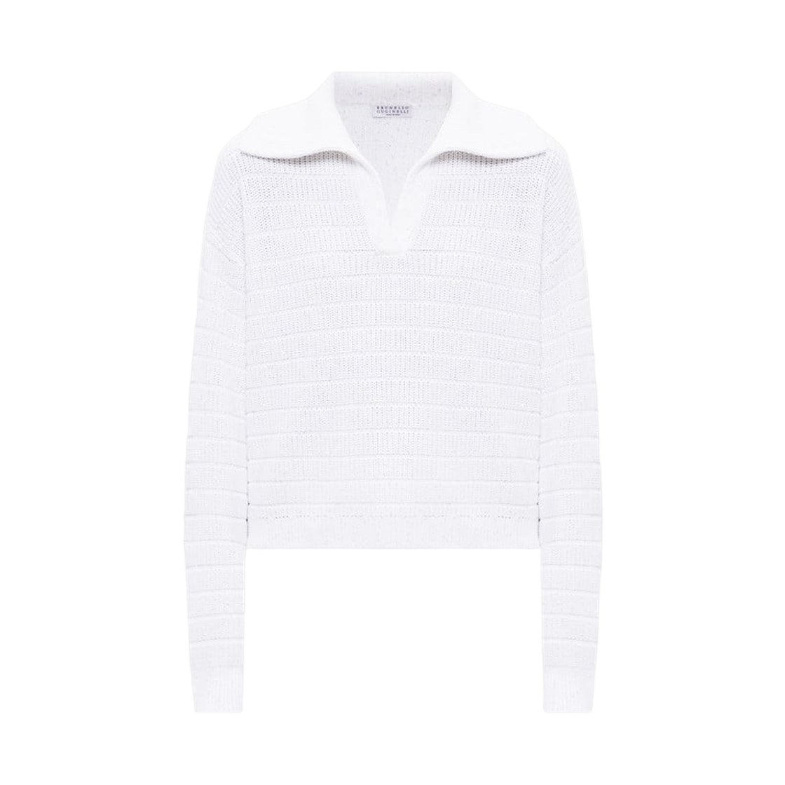(W) 브루넬로 쿠치넬리 텍스처드 하프 잉글리시 립 니트 폴로 셔츠 화이트((W) Brunello Cucinelli Textured Half English Rib Knit Polo Shirt White) - 1