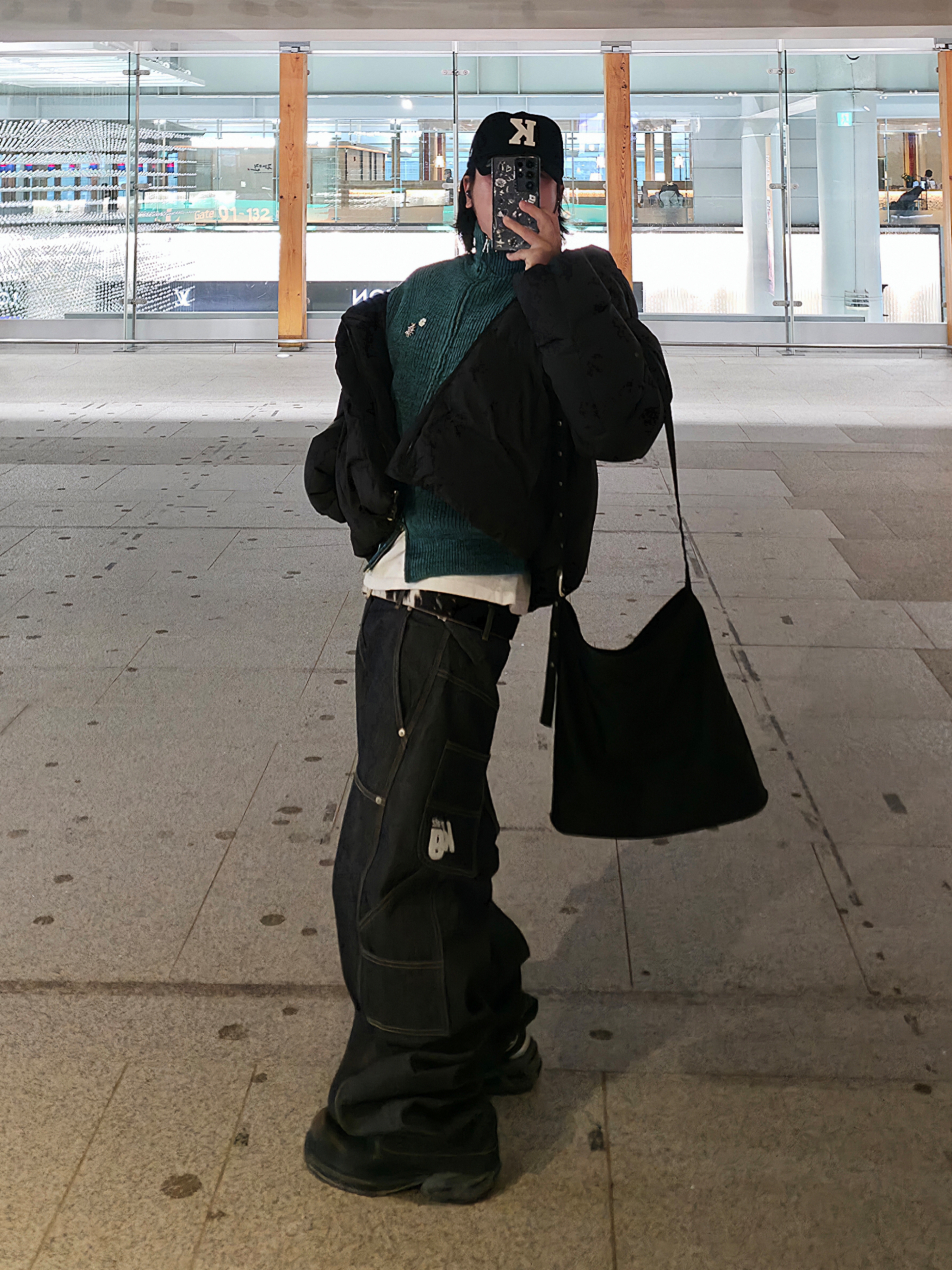 Amomento Hooded Down Puffer Black - 24FW, Kamien x KOIN SEOUL K Logo Ball Cap Black 착용 스타일 - 1