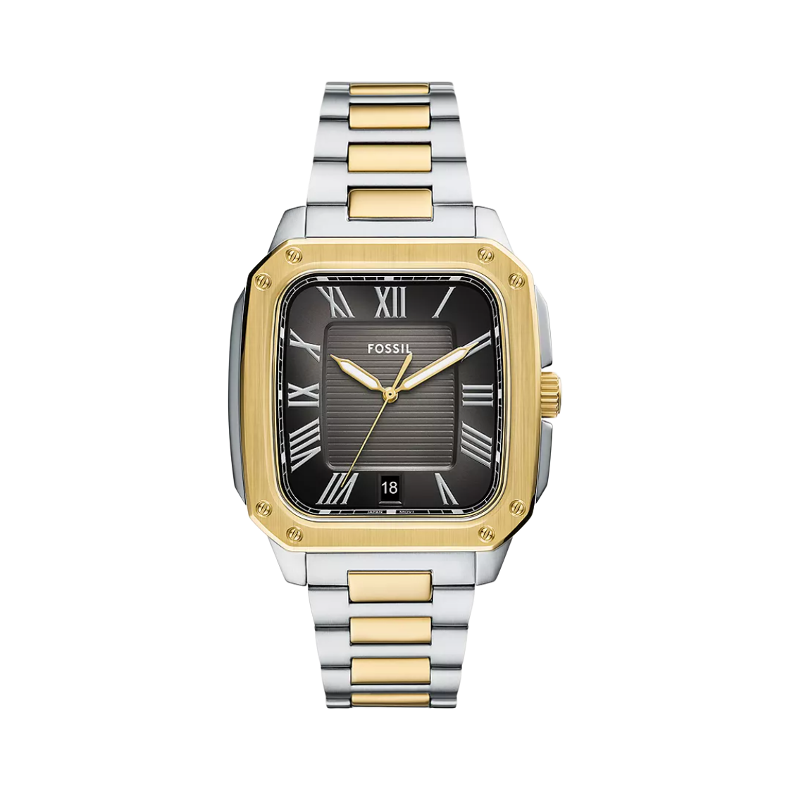 파슬 크로스비 쿼츠 쓰리핸드 데이트 42mm 투톤 스테인리스 스틸 블랙 실버 골드(Fossil Crosby Quartz Three-Hand Date 42mm Two-Tone Stainless Steel Black Silver Gold)