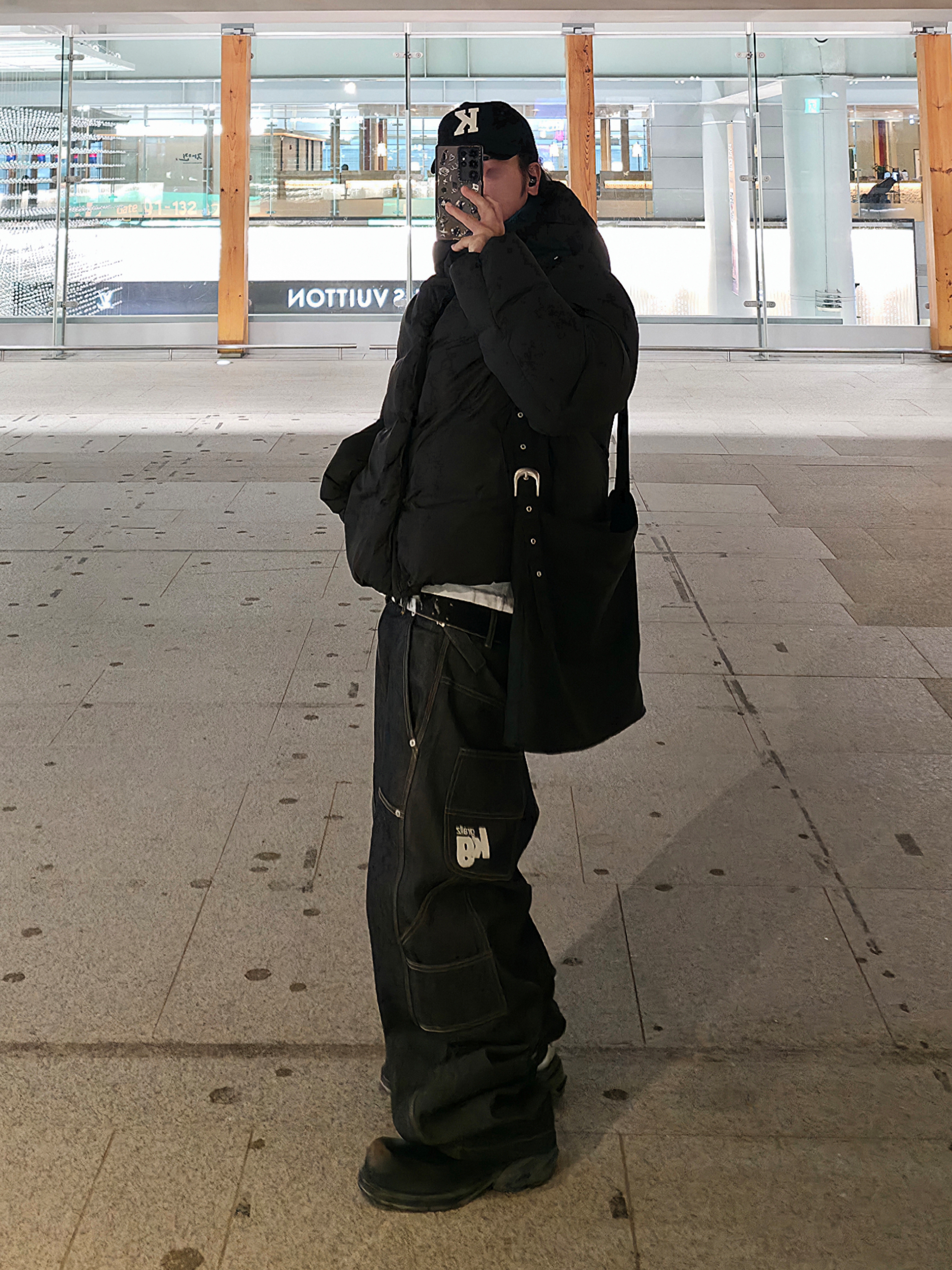 Amomento Hooded Down Puffer Black - 24FW, Kamien x KOIN SEOUL K Logo Ball Cap Black 착용 스타일 - 6