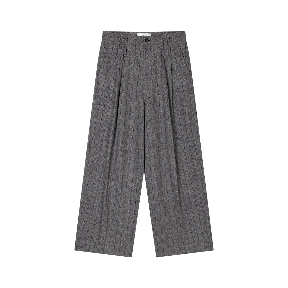 웨이비니스 백 레더 신치백 투 턱 트라우저 그레이 헤링본(Waviness Back Leather Cinch Back Two Tuck Trousers Grey Herringbone)