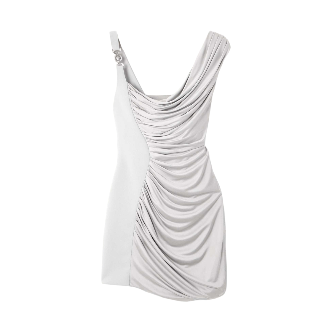 (W) 베르사체 어시메트릭 엠벨리쉬 드레이프 저지 미니 드레스 실버((W) Versace Asymmetric Embellished Draped Jersey Mini Dress Silver) - 1
