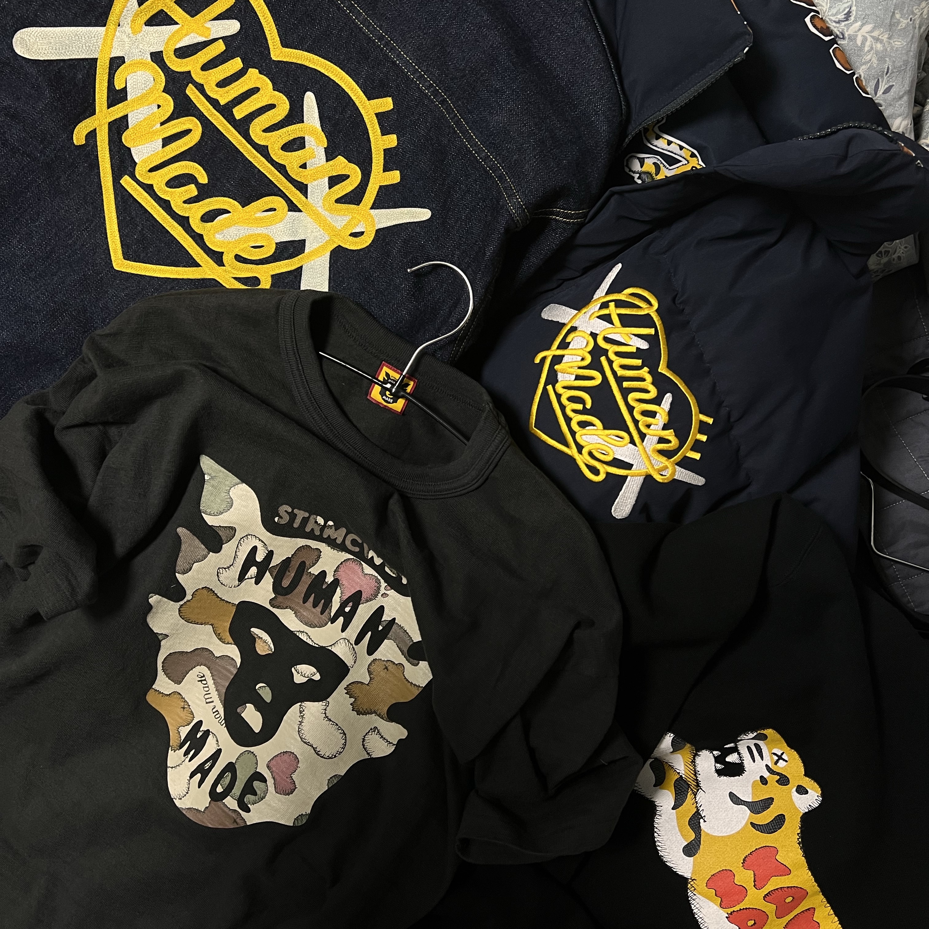 Human Made x Kaws Down Jacket Navy, Human Made x Kaws Denim Work Jacket #1 Indigo 착용 스타일 - 1
