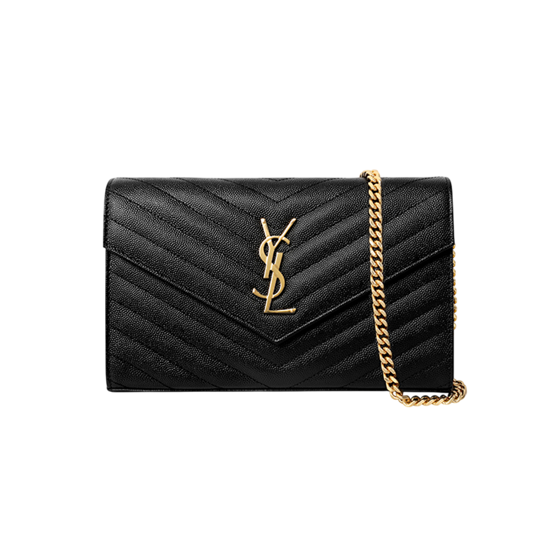 377828 BOW01 1000 [13% 쿠폰] Saint Laurent Cassandre Matelasse Chain Wallet in Grain de Poudre Embossed Leather Black