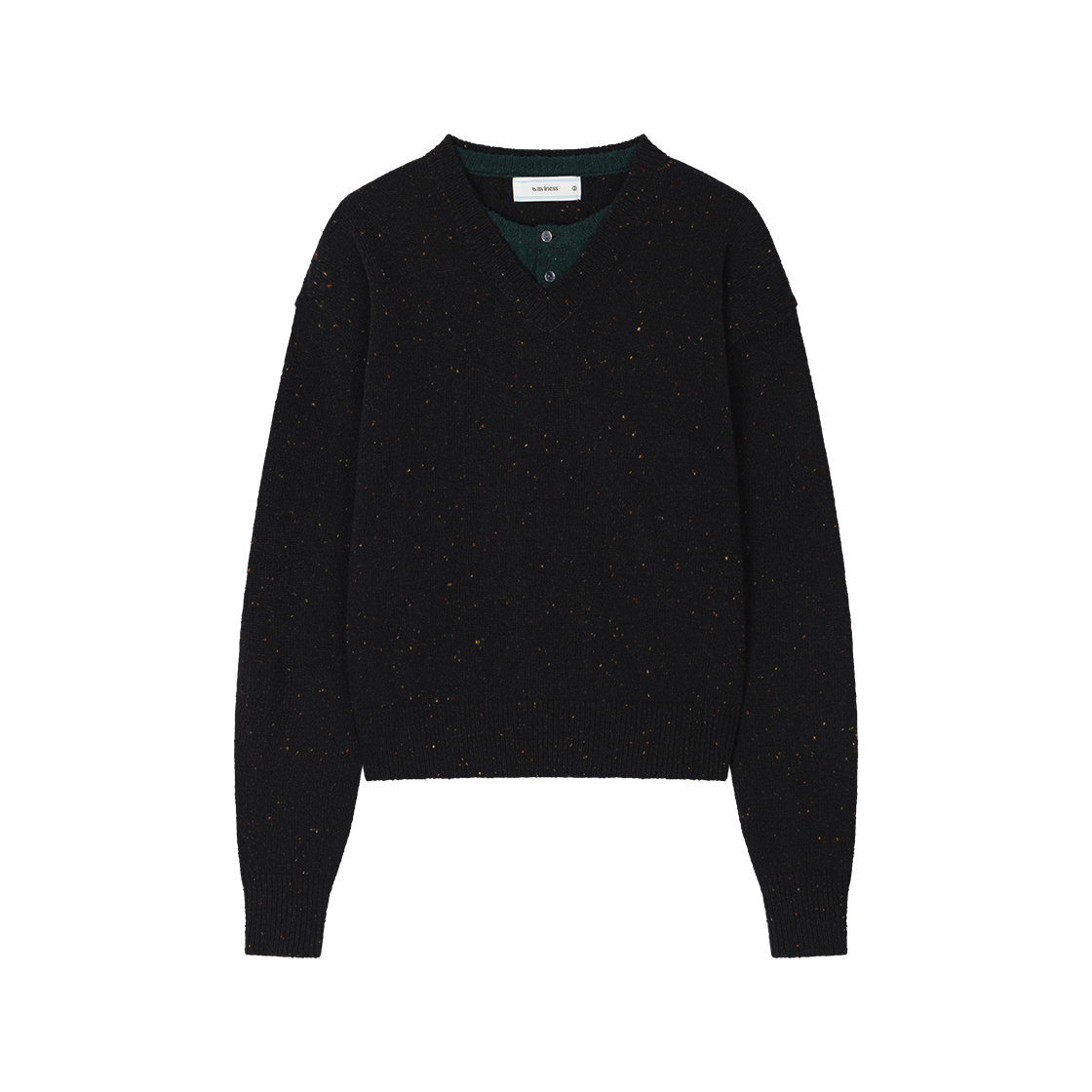 웨이비니스 헨리 오버 브이넥 니트 블랙 그린(Waviness Henley Over V-neck Knit Black Green)