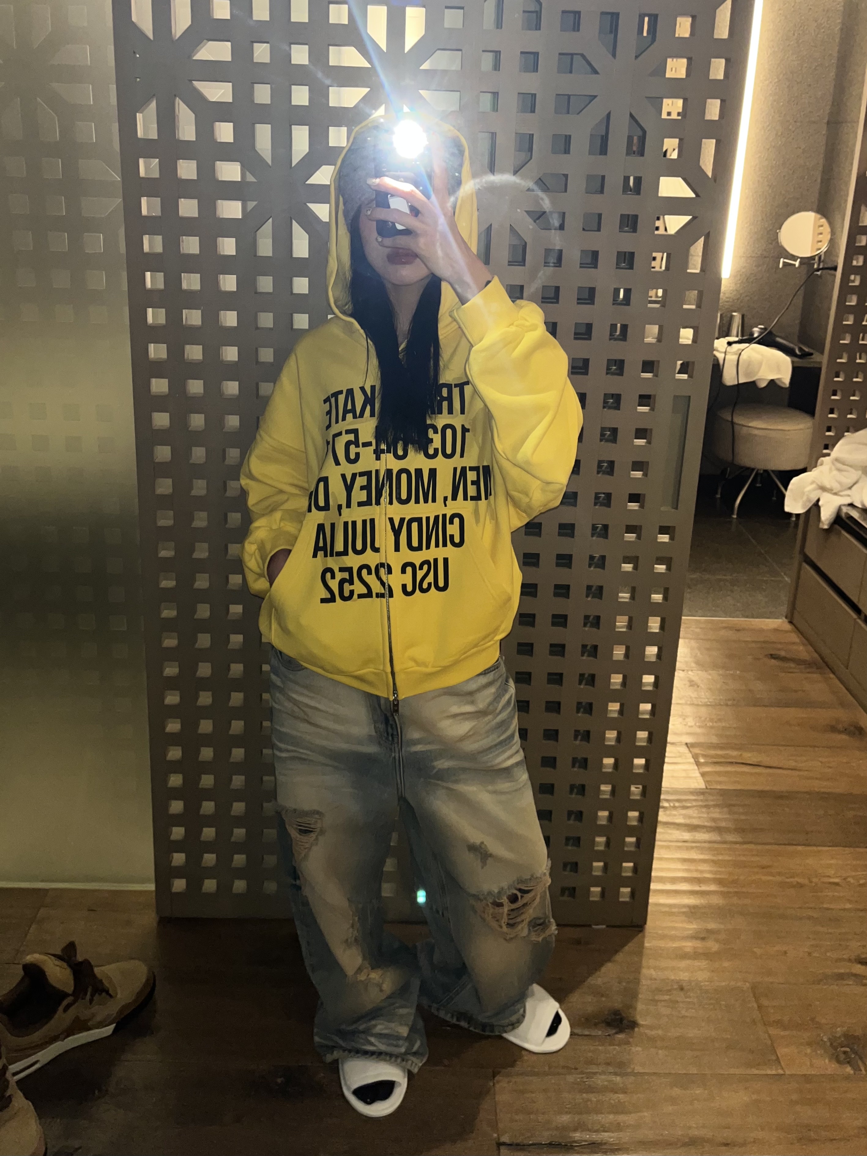 [트리플적립] PACOSPLY Tracy Zip Up Hoodie Yellow, [트리플적립] PACOSPLY Garage Baggy Demin Pants Dust Blue 착용 스타일 - 2