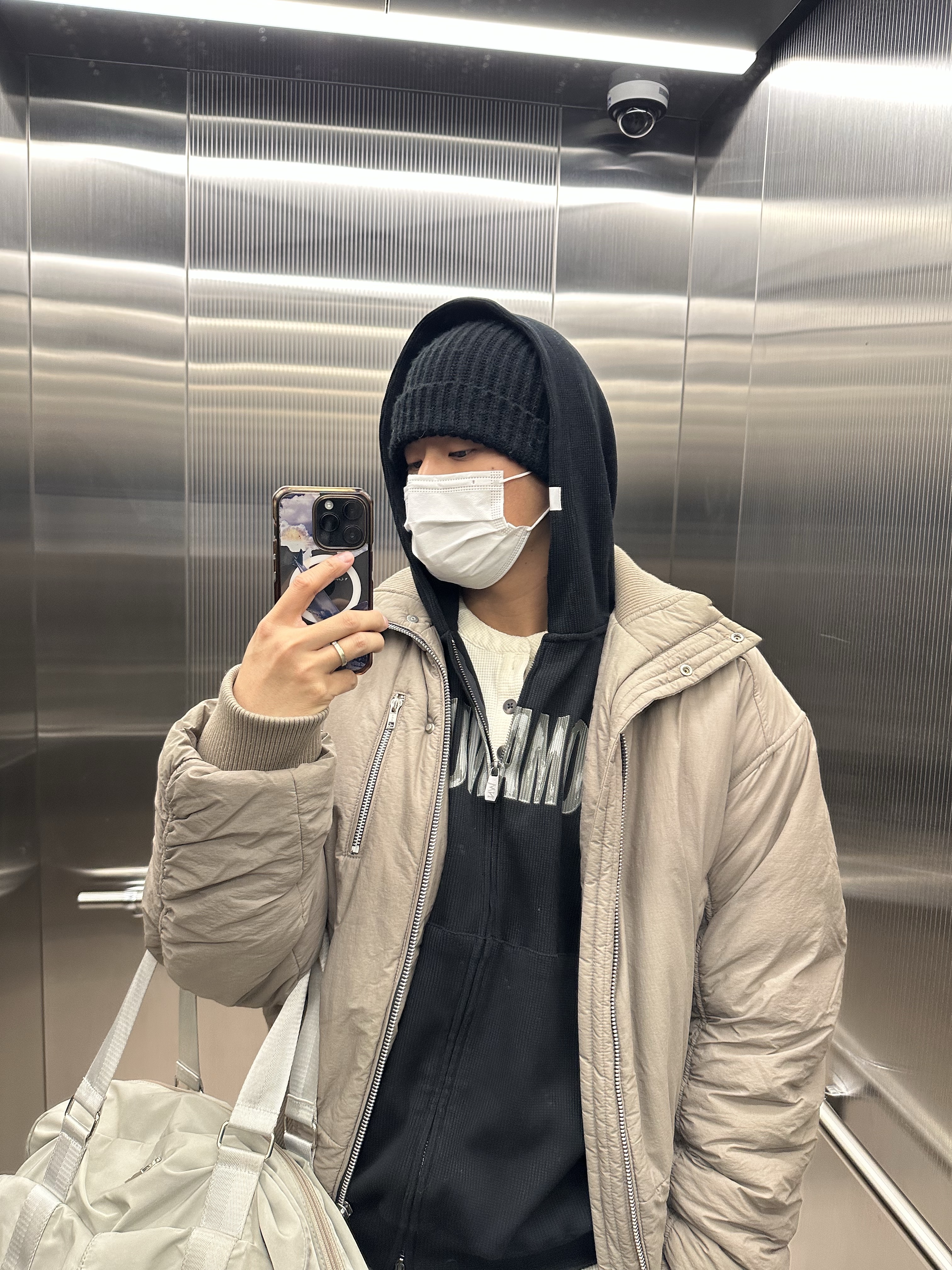 NOMANUAL NM Waffle Hooded Zip-up Black, Haleine Highneck Bomber Padding Khaki Beige 착용 스타일 - 1
