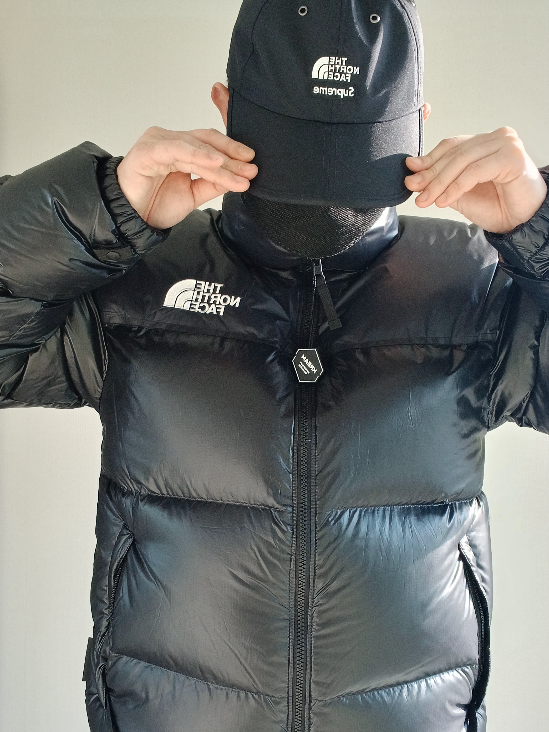 Supreme x The North Face Split 6-Panel Black - 24SS, The North Face Quantum Nuptse RDS Jacket Black 착용 스타일 - 6