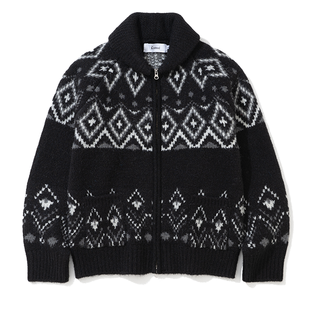 니티드 벌키 울 다이아몬드 집업 블랙(Knitted Bulky Wool Diamond Zip Up Black)