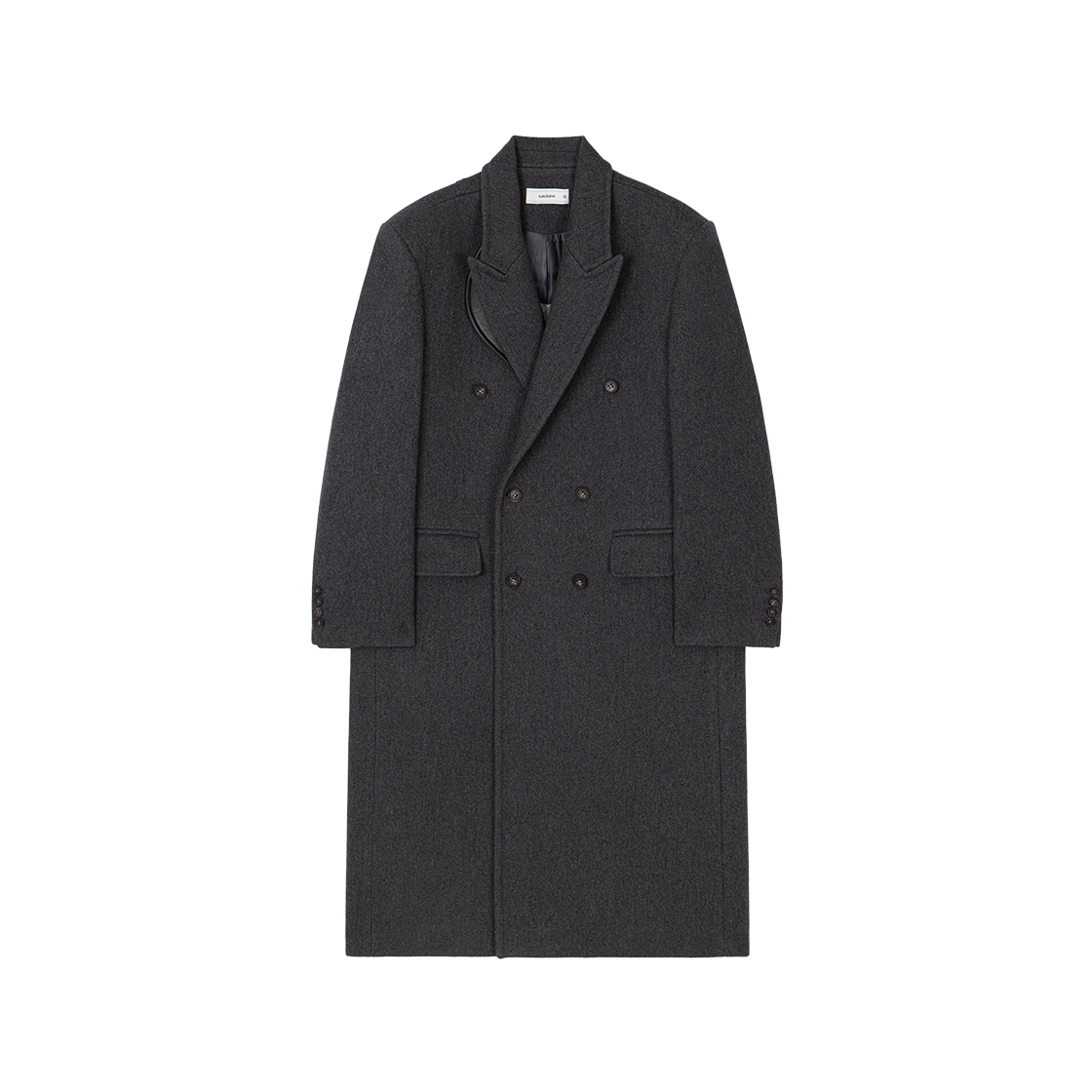 웨이비니스 카라 베이스 레더 더블 롱 코트 챠콜(Waviness Collar-Base Leather Double Long Coat Charcoal)