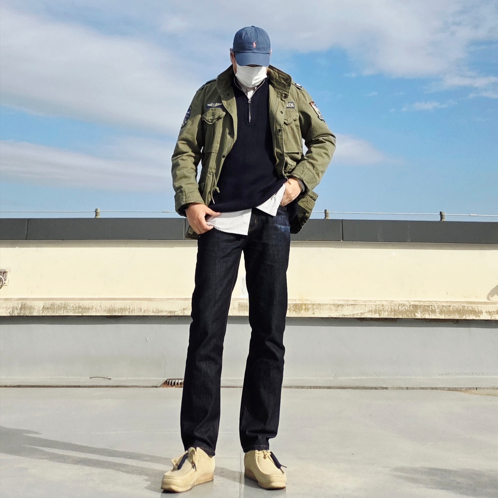 [20% 적립] Polo Ralph Lauren Iconic Herringbone Field Jacket Olive Mountain - 25SS, Clarks Wallabee Maple Suede 착용 스타일 - 1