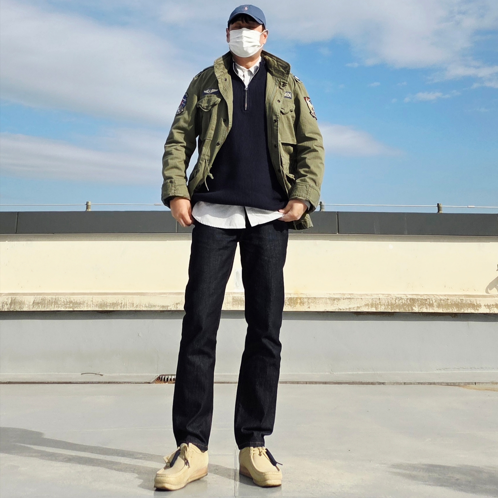 [20% 적립] Polo Ralph Lauren Iconic Herringbone Field Jacket Olive Mountain - 25SS, Clarks Wallabee Maple Suede 착용 스타일 - 2