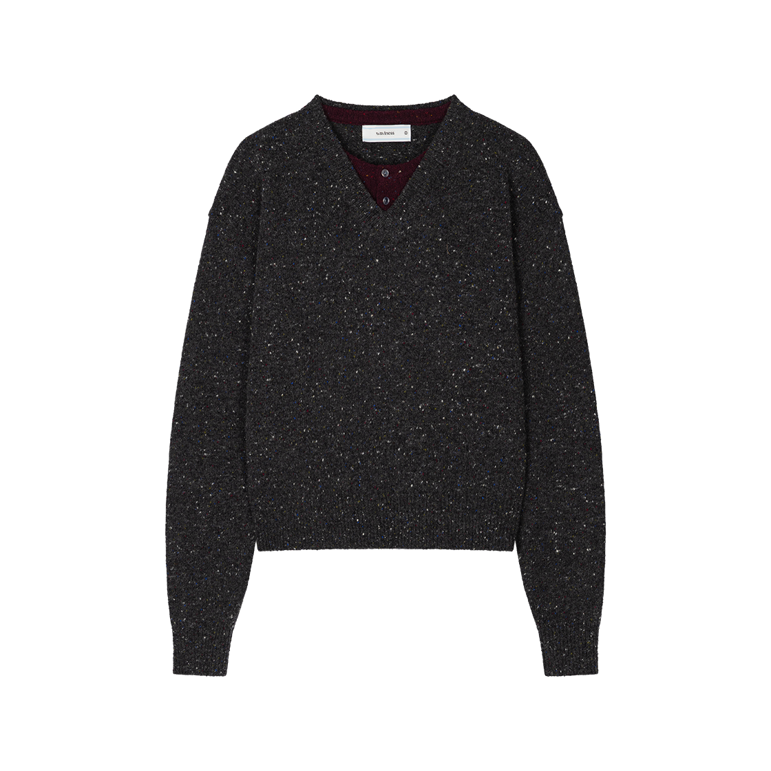웨이비니스 헨리 오버 브이넥 니트 차콜 와인(Waviness Henley Over V-neck Knit Charcoal Wine)