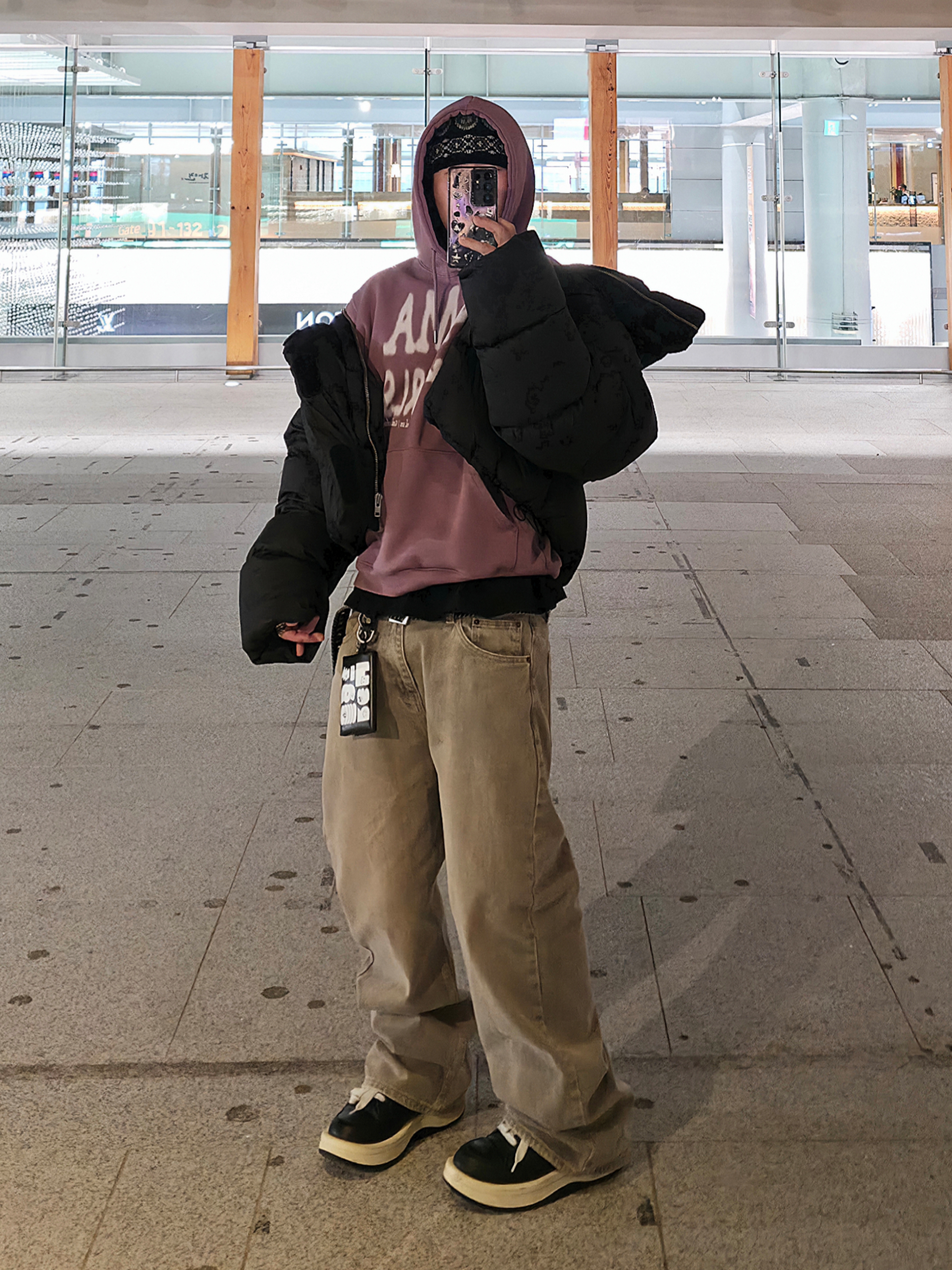 Entire Studios MML Hooded Puffer Black, Converse x Drkshdw Turbowpn Black Cream 착용 스타일 - 3