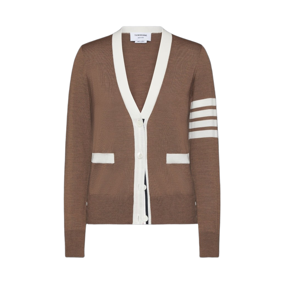 (W) 톰브라운 파인 메리노 울 사선 브이넥 가디건 월넛((W) Thom Browne Fine Merino Wool 4-Bar V-Neck Cardigan Walnut) - 1