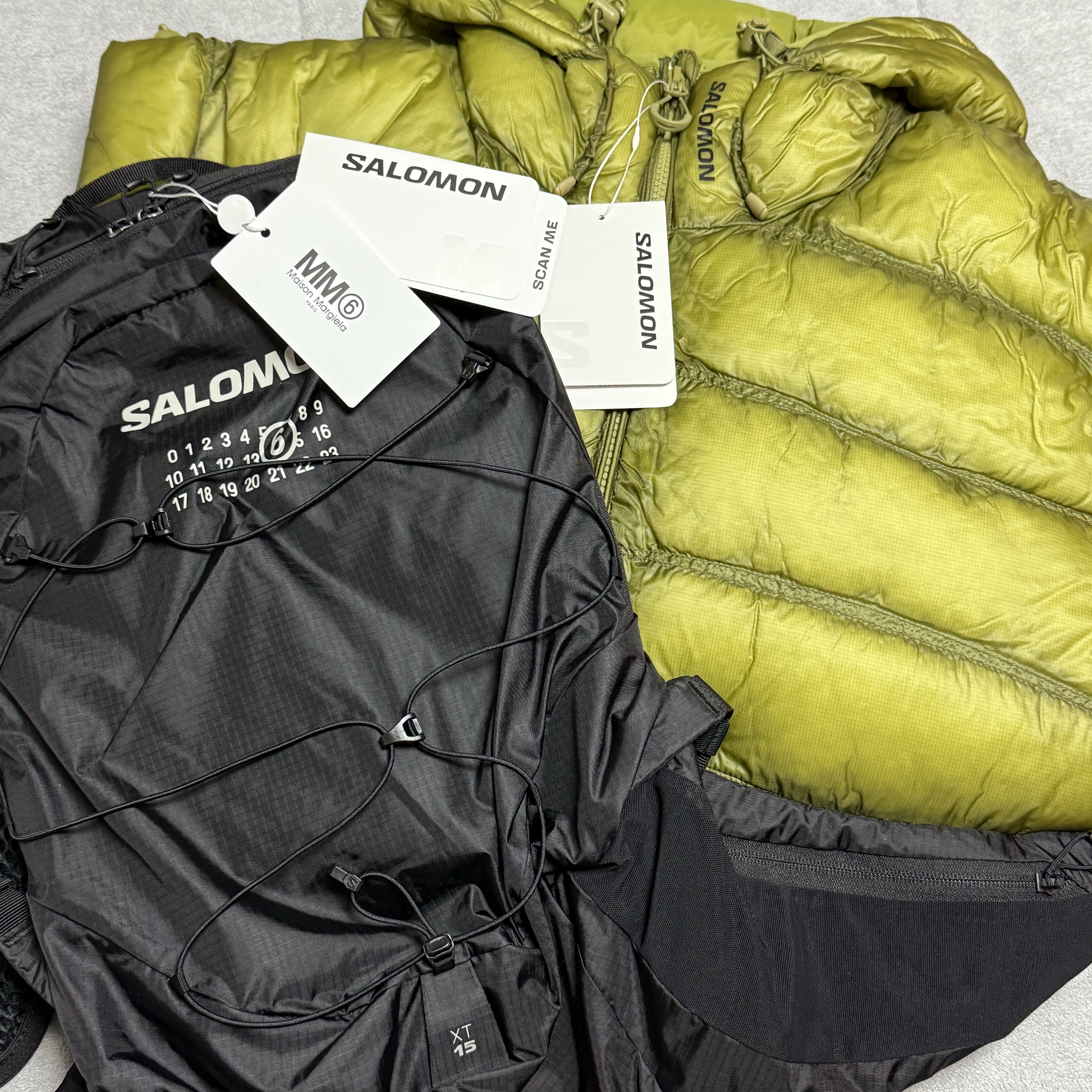 Salomon x MM6 Maison Margiela XT-15 Black, Salomon UNI Cross Insulation Jacket Seed Green 착용 스타일