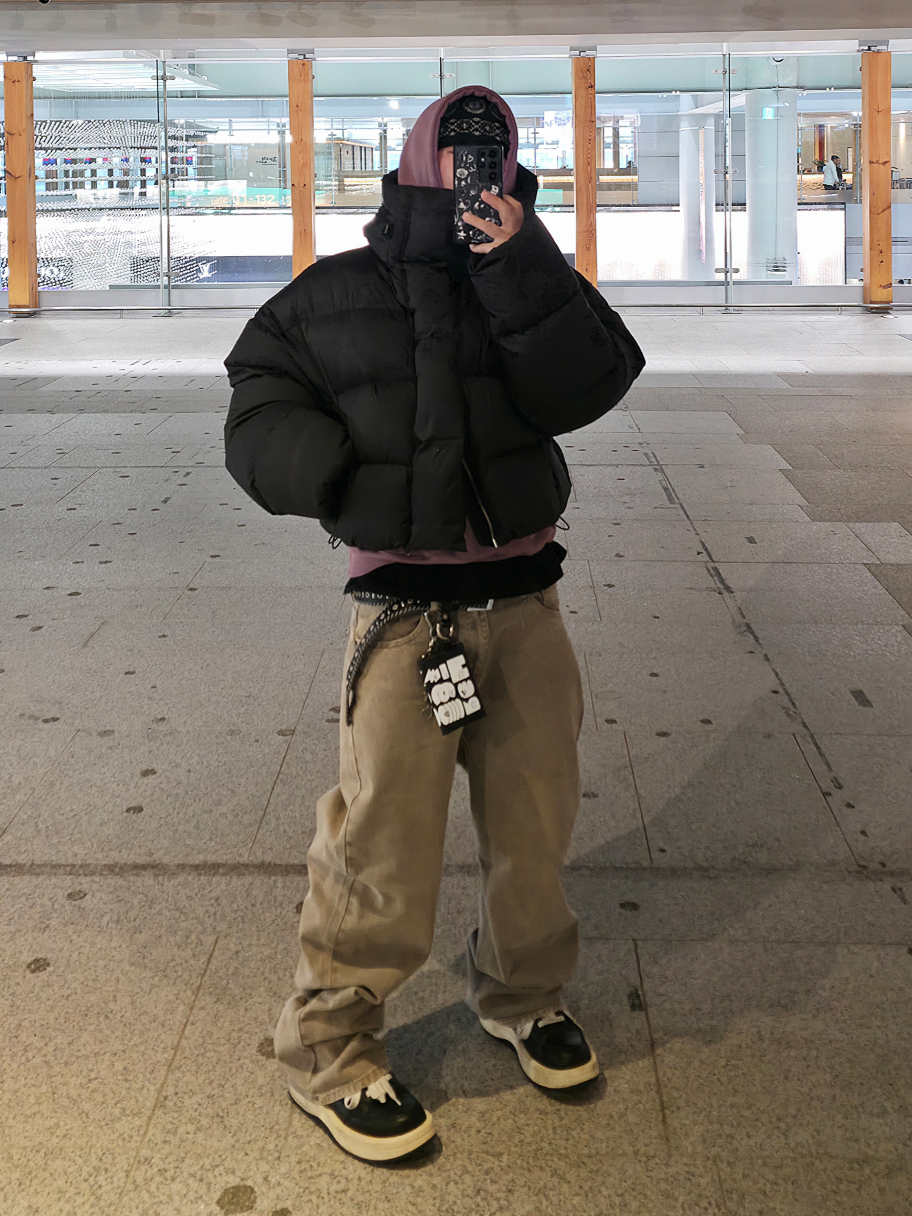 Entire Studios MML Hooded Puffer Black, Converse x Drkshdw Turbowpn Black Cream 착용 스타일 - 6