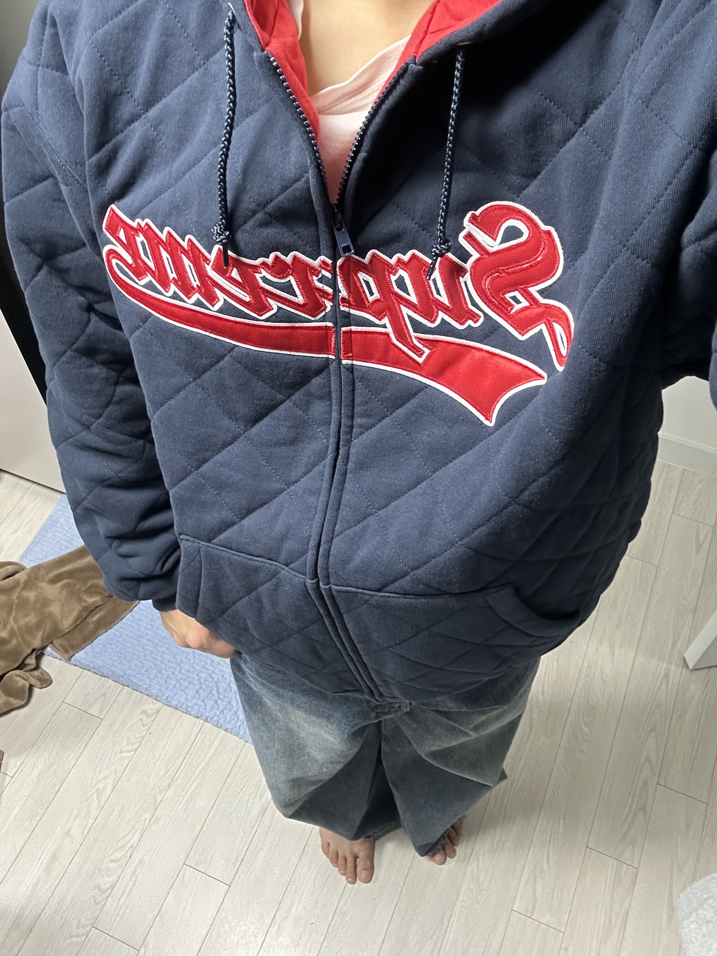 Supreme Quilted Zip Up Hooded Sweatshirt Navy - 25FW 착용 스타일