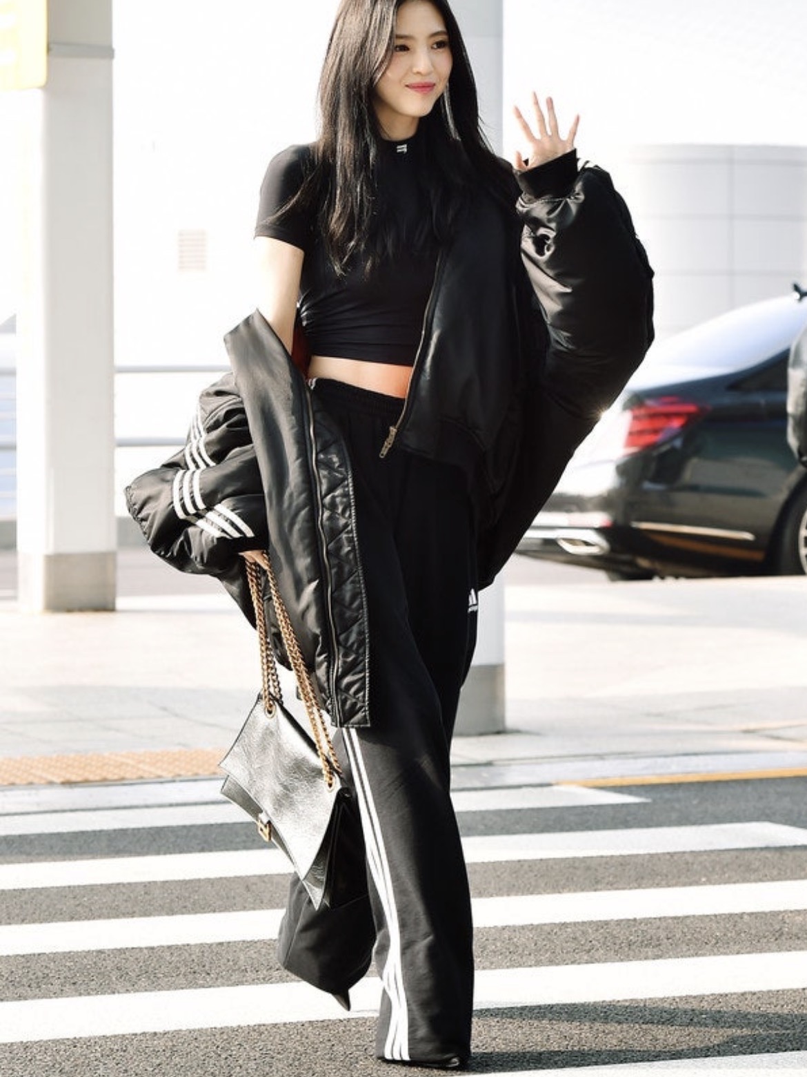 (W) Adidas Essentials 3-Stripes French Terry Wide Pants Black - KR Sizing 착용 스타일