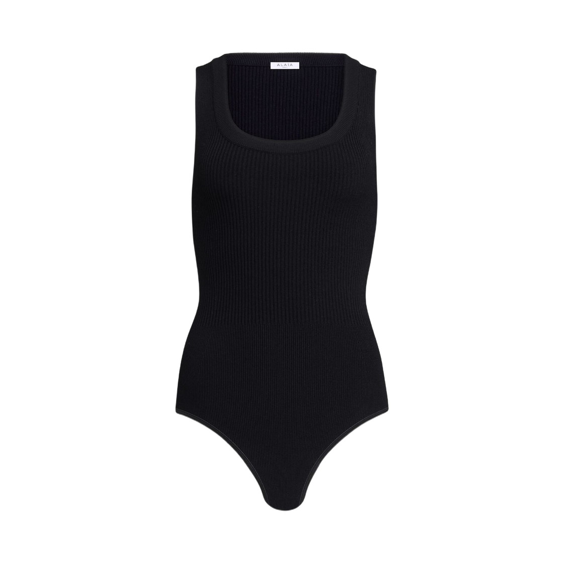 (W) 알라이아 슬리브리스 립드 니트 바디수트 블랙((W) Alaia Sleeveless Ribbed Knit Bodysuit Black)