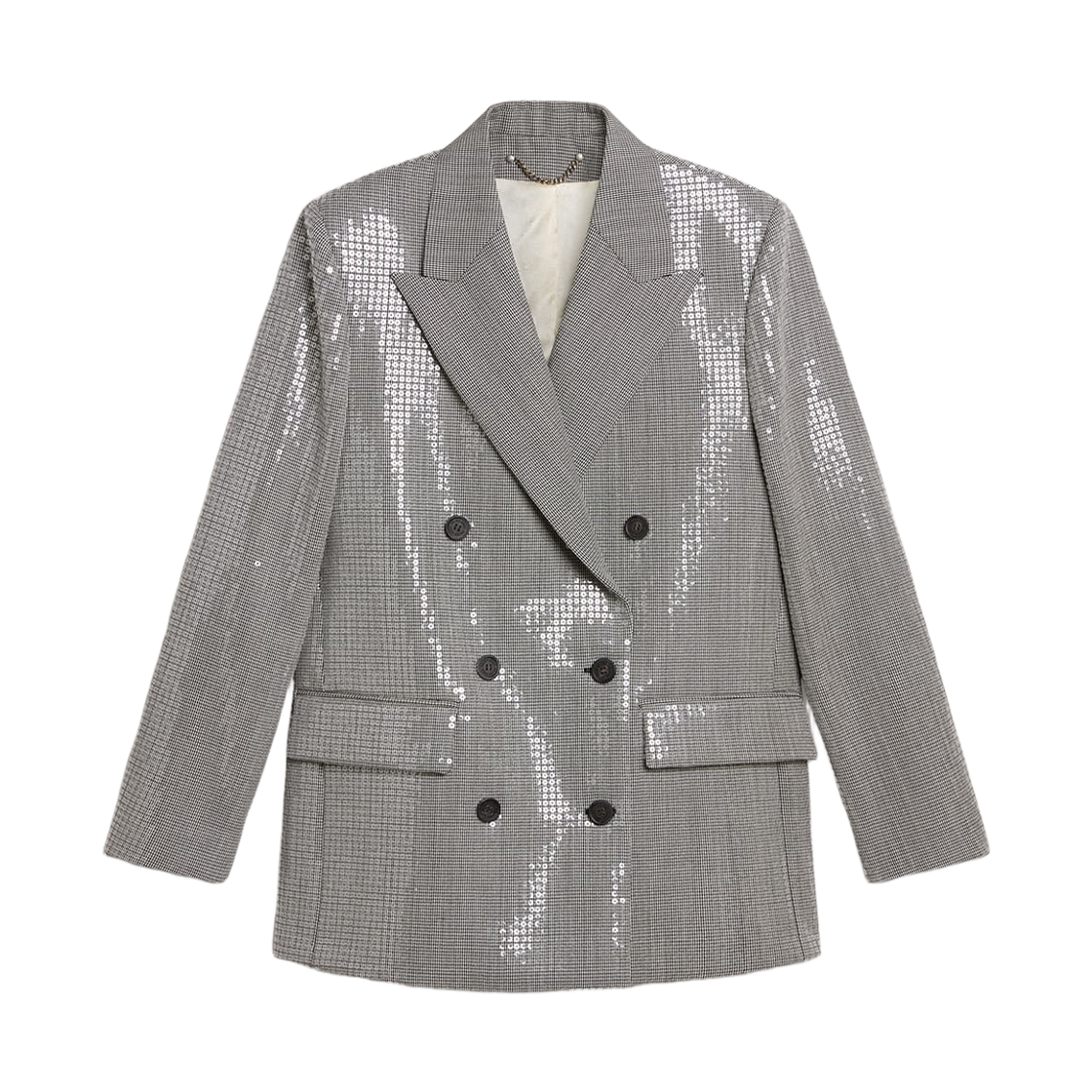 (W) 골든구스 마이크로 하운드투스 시퀸 더블 브레스티드 울 보이프렌드 자켓 실버((W) Golden Goose Micro Houndstooth and Sequins Double Breasted Wool Boyfriend Jacket Silver)