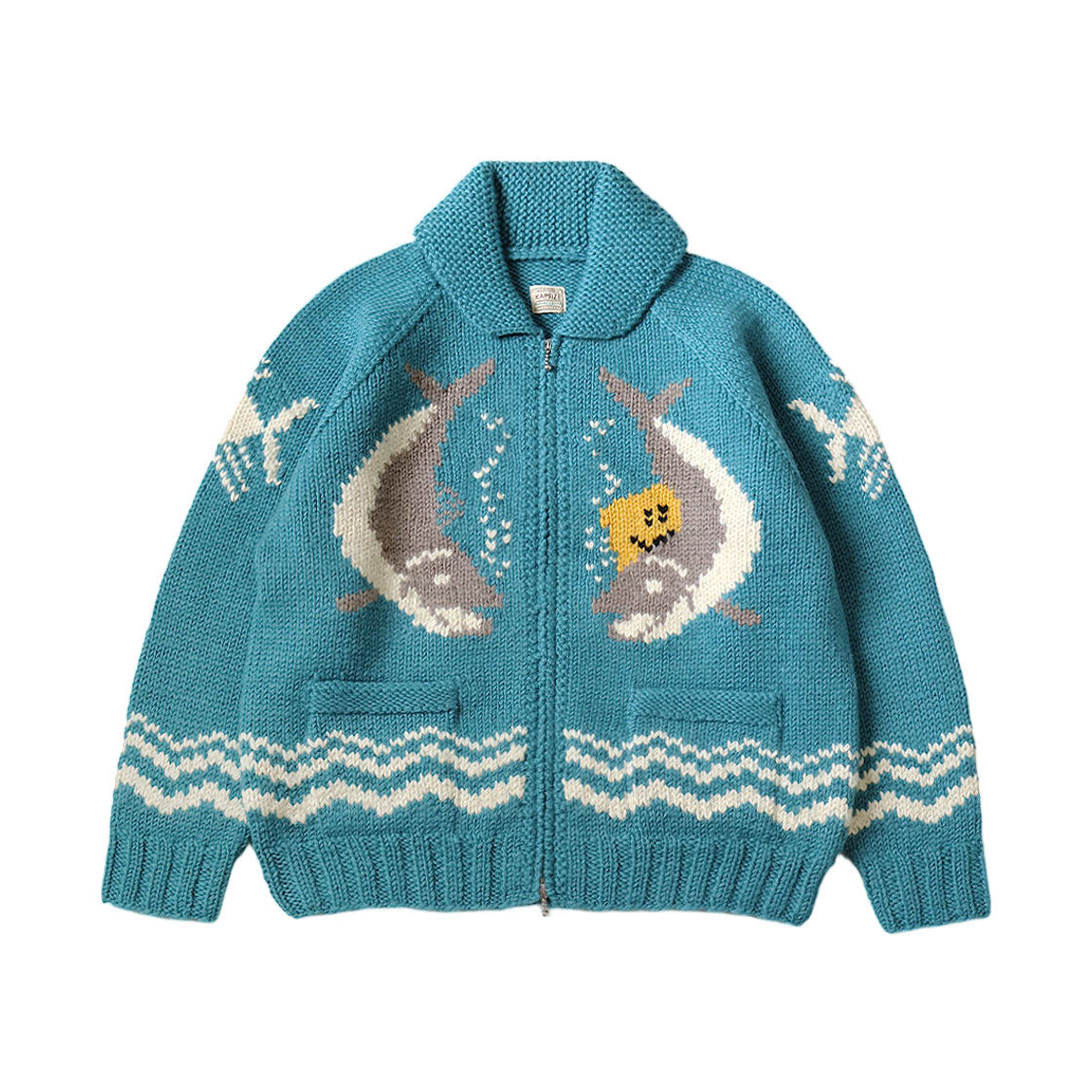 캐피탈 핸드 니티드 패키쉬 트라우트 집 가디건 터콰이즈(Kapital Hand-Knitted Peckish Trout Zip Cardigan Turquoise) - 1