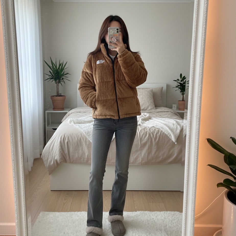 (W) The North Face Versa Velour Nuptse Jacket Almond Butter, (W) UGG Tazzette Slipper Smoke Plume 착용 스타일