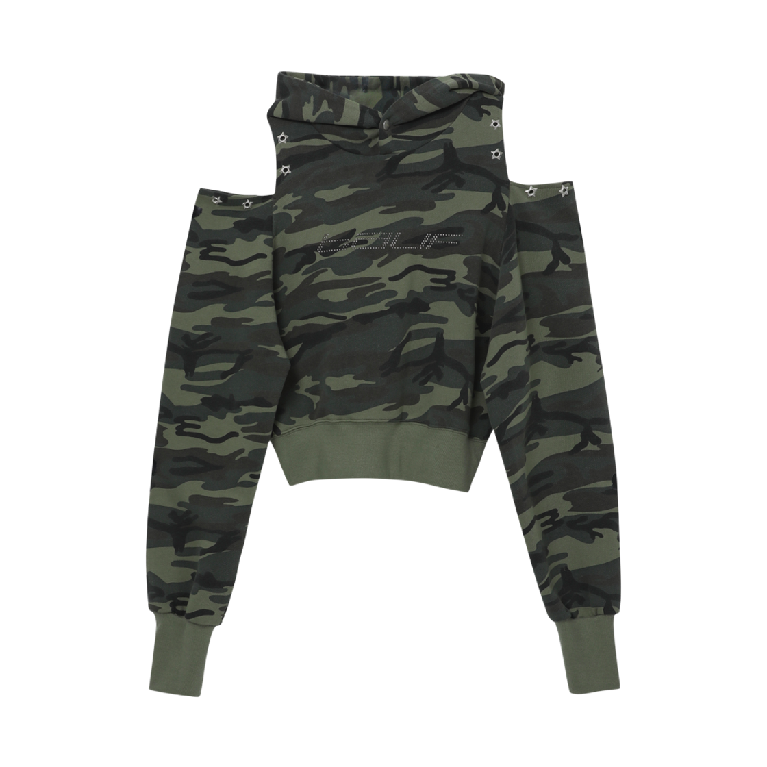 BFT-23FW-W-CAM-048 BAUF Cut Out Off Shoulder Cropped Hoodie Camo